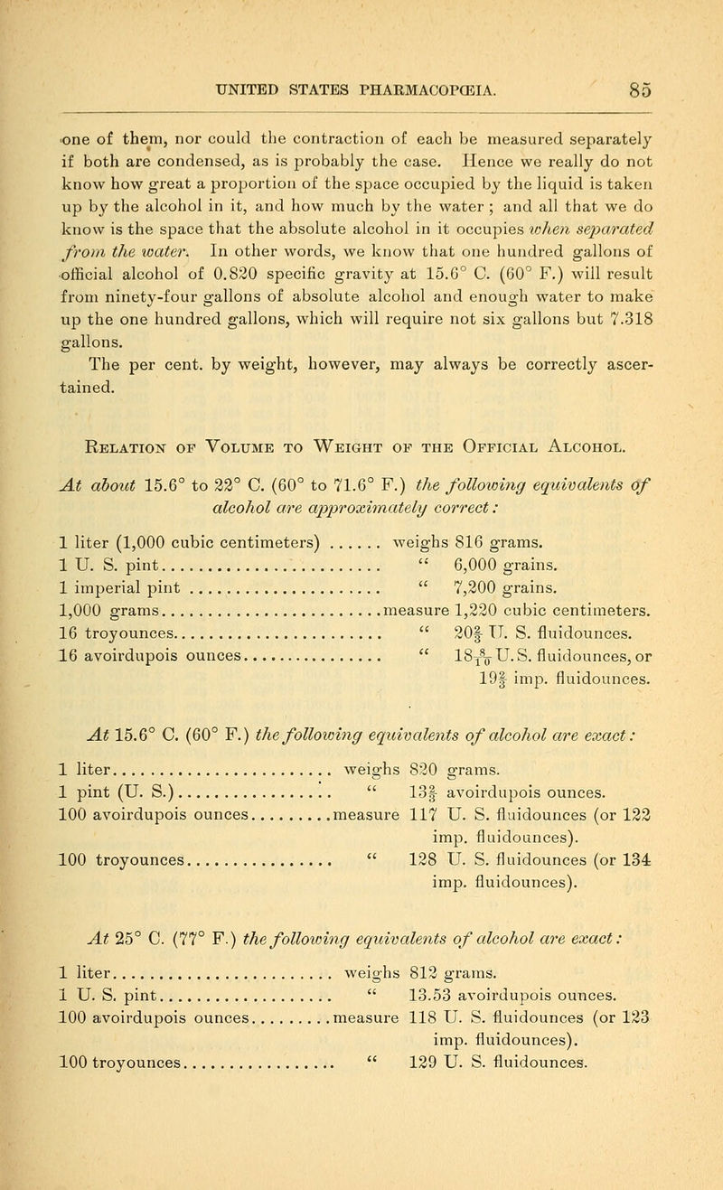 one of them, nor could the contraction of each be measured separately if both are condensed, as is probably the case. Hence we really do not know how great a proportion of the space occupied by the liquid is taken up by the alcohol in it, and how much by the water ; and all that we do know is the space that the absolute alcohol in it occupies when separated from the water. In other words, we know that one hundred gallons of •official alcohol of 0.830 specific gravity at 15.6° C. (60° F.) will result from ninety-four gallons of absolute alcohol and enough water to make up the one hundred gallons, which will require not six gallons but 7.318 gallons. The per cent, by weight, however, may always be correctly ascer- tained. Relation of Volume to Weight of the Official Alcohol. At about 15.6° to 22° C. (60° to 71.6° F.) the following equivalents of alcohol are approximately correct : 1 liter (1,000 cubic centimeters) weighs 816 grams. 1 U. S. pint 6,000 grains. 1 imperial pint 7,200 grains. 1,000 grams measure 1,220 cubic centimeters. 16 troyounces 20|- TJ. S. fluidounces. 16 avoirdupois ounces ISjV U. S. fluidounces, or 19f imp. fluidounces. At 15.6° C. (60° F.) the following equivalents of alcohol are exact: 1 liter weighs 820 grams. 1 pint (U. S.) 13| avoirdupois ounces. 100 avoirdupois ounces measure 117 U. S. fluidounces (or 122 imp. fluidounces). 100 troyounces 128 U. S. fluidounces (or 134 imp. fluidounces). At 25° C. (77° F.) the following equivalents of alcohol are exact: 1 liter weighs 812 grams. 1 U. S, pint 13.53 avoirdupois ounces, 100 avoirdupois ounces measure 118 U. S. fluidounces (or 123 imp. fluidounces). 100 troyounces 129 U. S. fluidounces.