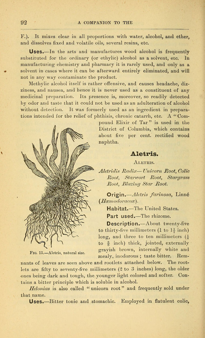 F.). It mixes clear in all proportions with water, alcohol, and ether, and dissolves fixed and volatile oils, several resins, etc. Uses.—In the arts and manufactures wood alcohol is frequently substituted for the ordinary (or ethylic) alcohol as a solvent, etc. In manufacturing chemistry and pharmacy it is rarely used, and only as a solvent in cases where it can be afterward entirely eliminated, and will not in any way contaminate the product. Methylic alcohol itself is rather offensive, and causes headache, diz- ziness, and nausea, and hence it is never used as a constituent of any medicinal preparation. Its presence is, moreover, so readily detected by odor and taste that it could not be used as an adulteration of alcohol without detection. It was formerly used as an ingredient in prepara- tions intended for the relief of phthisis, chronic catarrh, etc. A  Com- pound Elixir of Tar is used in the District of Columbia, which contains about five per cent, rectified wood naphtha. Aletris. Aleteis. Aletridis Radix— Unicorn Root, Colic Moot, Starwort Moot, Stargf7'ass Moot, JBlazing Star Moot. Origin.—Aletris farinosa, Linn6 {Ilcemodoracece). Habitat.—The United States. Part used.—The rhizome. Description.—About twenty-five to thirty-five millimeters (1 to ]|- inch) long, and three to ten millimeters (^ to § inch) thick, jointed, externally grayish brown, internally white and mealy, inodorous ; taste bitter. Rem- nants of leaves are seen above and rootlets attached below. The root- lets are fifty to seventy-five millimeters (2 to 3 inches) long, the older ones being dark and tough, the younger light colored and softer. Con- tains a bitter principle which is soluble in alcohol. Helonias is also called  unicorn root and frequently sold under that name. Uses.—Bitter tonic and stomachic. Employed in flatulent colic. Fig. 13.—Aletris, natural size.