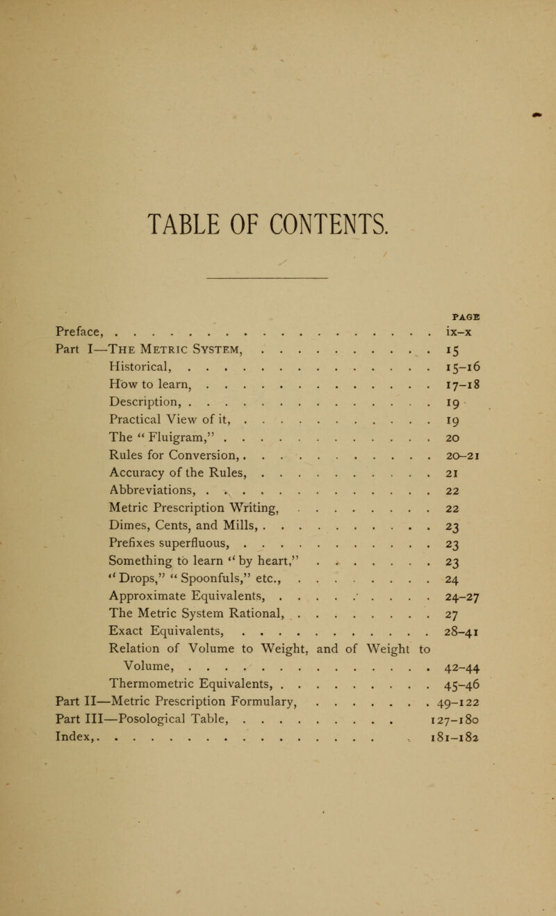 TABLE OF CONTENTS. PAGE Preface, ix-x Part I—The Metric System, 15 Historical, 15-16 How to learn, 17-18 Description, 19 Practical View of it, 19 The  Fluigram, 20 Rules for Conversion, 20-21 Accuracy of the Rules, 21 Abbreviations, 22 Metric Prescription Writing, 22 Dimes, Cents, and Mills, 23 Prefixes superfluous, 23 Something to learn *'by heart, 23 *^ Drops, ** Spoonfuls, etc., 24 Approximate Equivalents, ' . . . . 24-27 The Metric System Rational, 27 Exact Equivalents, 28-41 Relation of Volume to Weight, and of Weight to Volume, 42-44 Thermometric Equivalents, 45-46 Part II—Metric Prescription Formulary, 49-122 Part III—Posological Table, 127-180 Index, 181-182