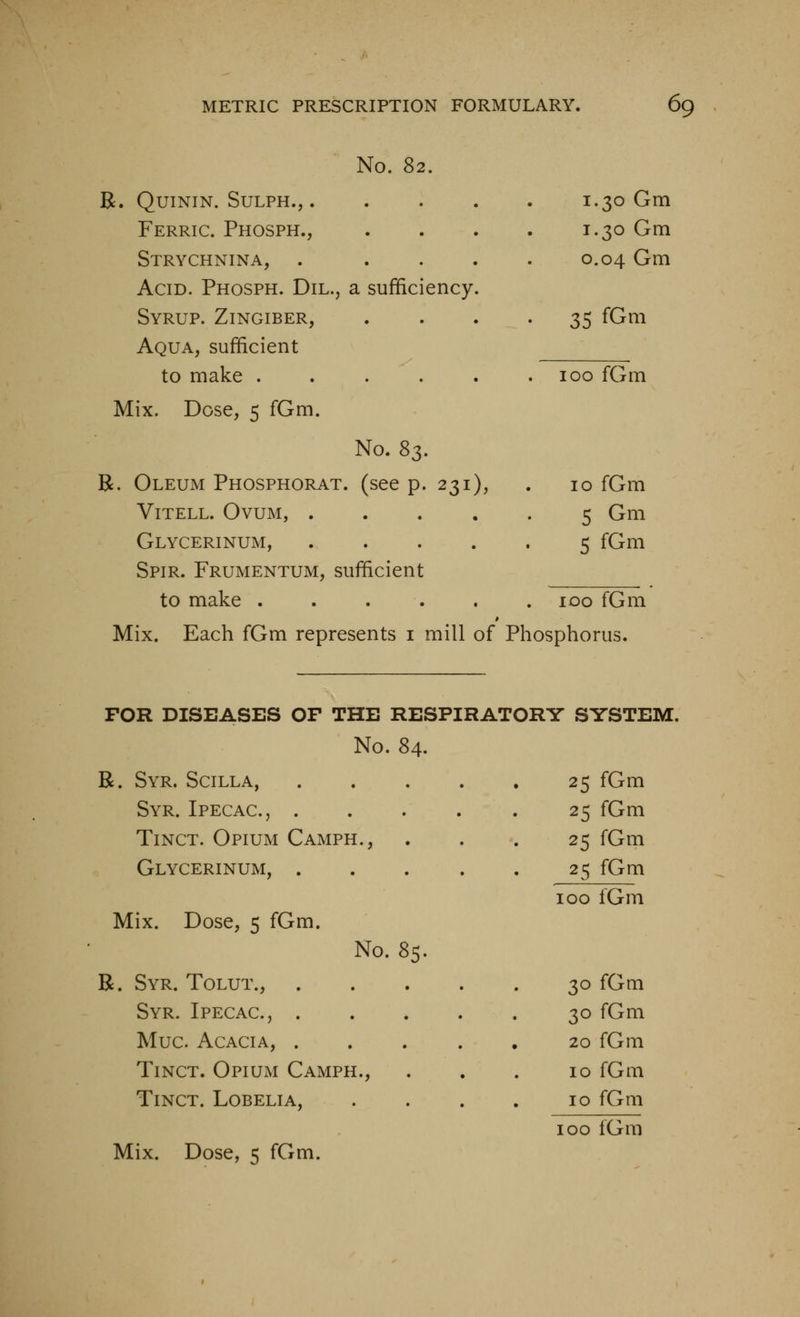 1.30 Gm 1.30 Gm 0.04 Gm 35 fGm No. 82. b. quinin. sulph., . Ferric. Phosph., Strychnina, . . . , Acid. Phosph. Dil., a sufficiency Syrup. Zingiber, Aqua, sufficient to make ..... Mix. Dose, 5 fGm. No. 8s. B. Oleum Phosphorat. (see p. 231), ViTELL. Ovum, .... Glycerinum, .... Spir. Frumentum, sufficient to make 100 fGm Mix. Each fGm represents i mill of Phosphorus. 100 fGm 10 fGm S Gm 5 fGm FOR DISEASES OF THE RESPIRATORY SYSTEM. No. 84. B. Syr. Scilla, Syr. Ipecac, TiNCT. Opium Camph., Glycerinum, ..... Mix. Dose, 5 fGm. No. 85. B. Syr. Tolut., Syr. Ipecac, . Muc Acacia, . Tinct. Opium Camph., TiNCT. Lobelia, 25 fGm 25 fGm 25 fGm 25 fGm 100 fGm 30 fGm 30 fGm 20 fGm 10 fGm 10 fGm 100 fGm