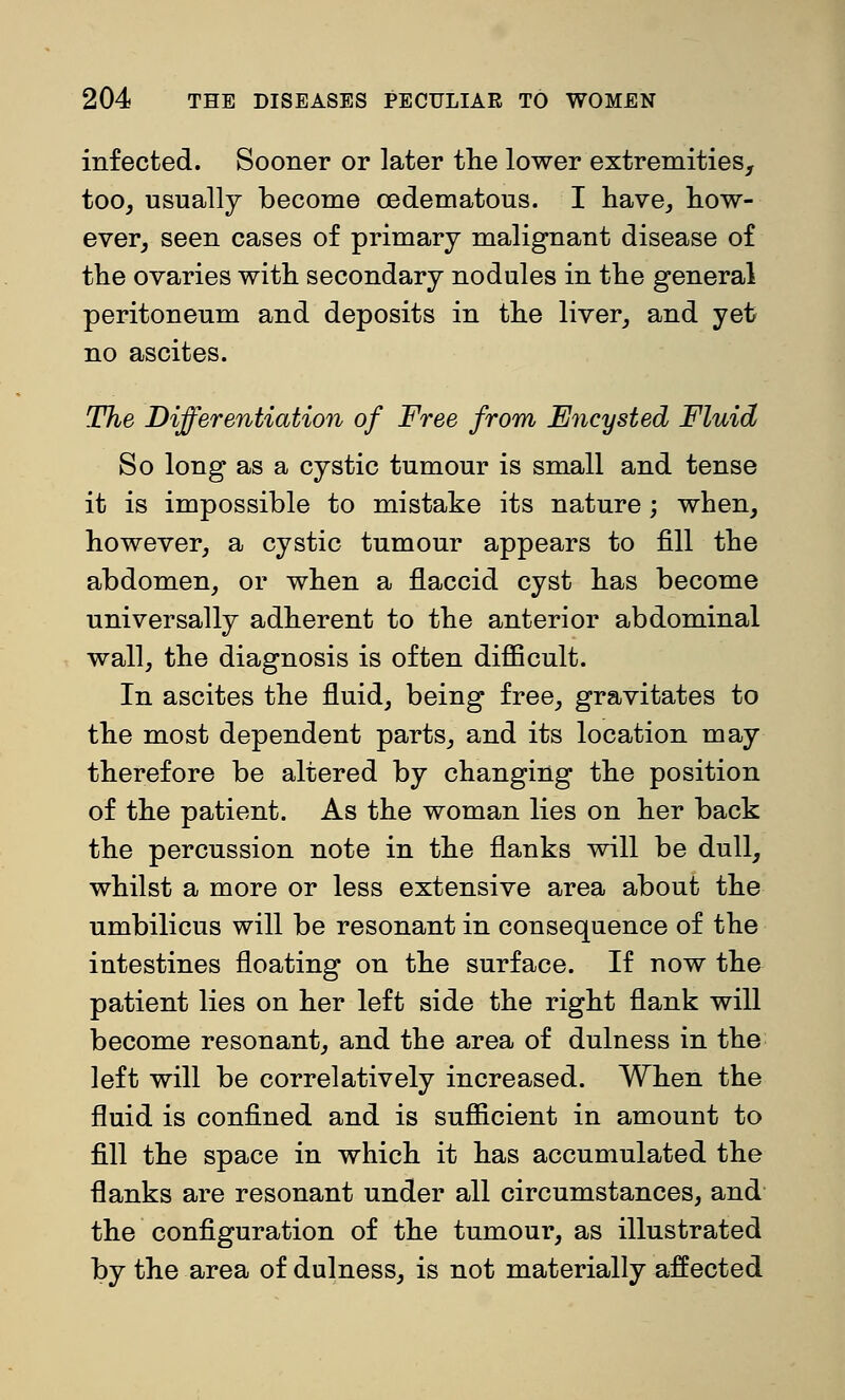 infected. Sooner or later the lower extremities, too, usually become cedematous. I have^ how- ever, seen cases of primary malignant disease of the ovaries with secondary nodules in the general peritoneum and deposits in the liver, and yet no ascites. The Differentiation of Free from Encysted Fluid So long as a cystic tumour is small and tense it is impossible to mistake its nature; when, however, a cystic tumour appears to fill the abdomen, or when a flaccid cyst has become universally adherent to the anterior abdominal wall, the diagnosis is often diflBcult. In ascites the fluid, being free, gravitates to the most dependent parts, and its location may therefore be altered by changing the position of the patient. As the woman lies on her back the percussion note in the flanks will be dull, whilst a more or less extensive area about the umbilicus will be resonant in consequence of the intestines floating on the surface. If now the patient lies on her left side the right flank will become resonant, and the area of dulness in the left will be correlatively increased. When the fluid is confined and is sufiicient in amount to fill the space in which it has accumulated the flanks are resonant under all circumstances, and the configuration of the tumour, as illustrated by the area of dulness, is not materially affected