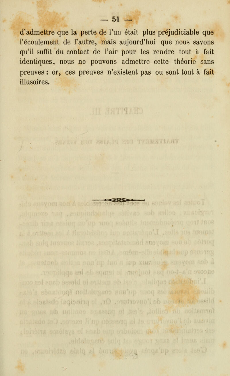 d'admettre que la perte de Fun était plus préjudiciable que l'écoulement de l'autre, mais aujourd'hui que nous savons qu'il suffit du contact de l'air pour les rendre tout à fait identiques, nous ne pouvons admettre cette théorie sans preuves : or, ces preuves n'existent pas ou sont tout à fait illusoires.