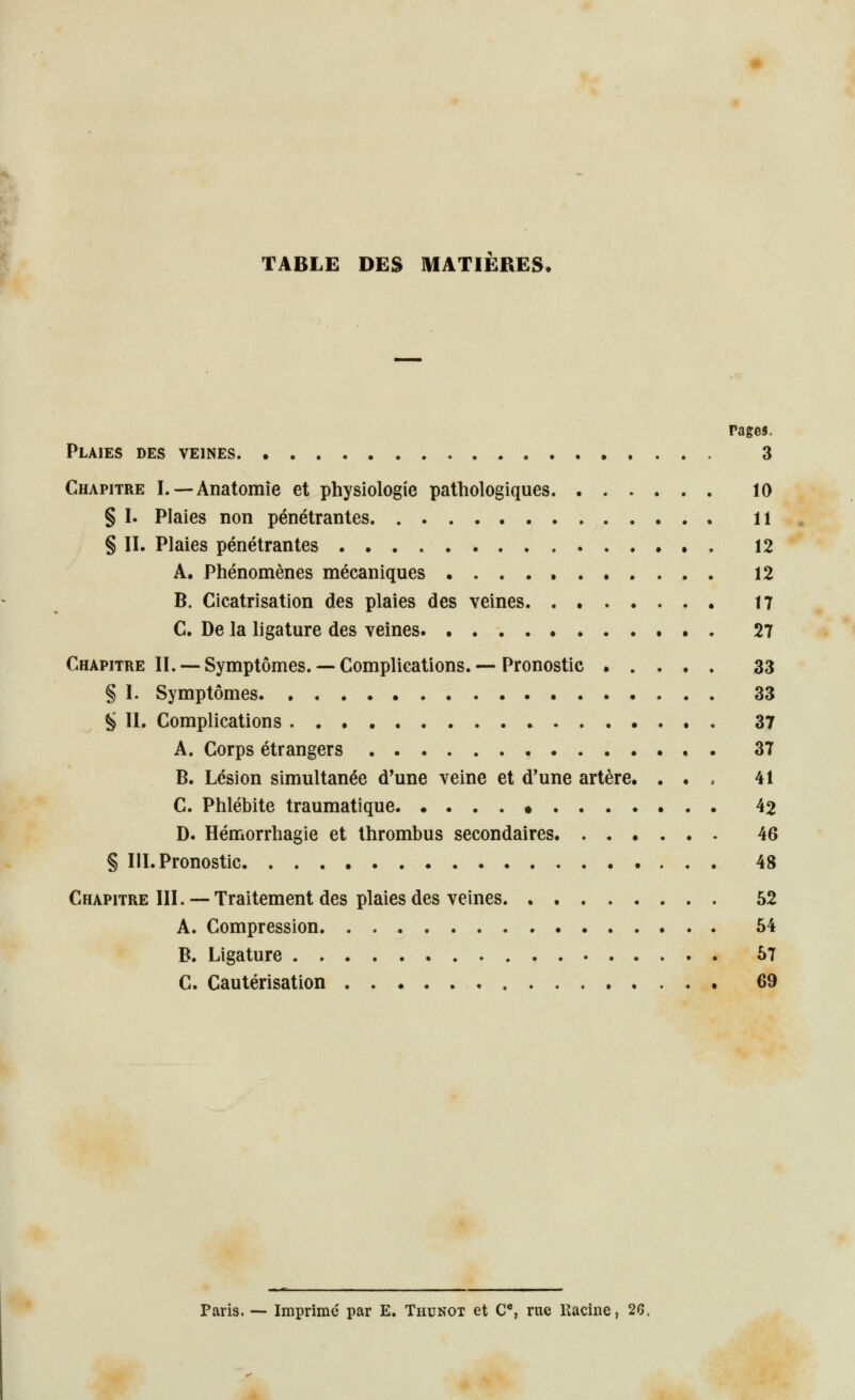 TABLE DES MATIERES, rages. Plaies des veines 3 Chapitre I. — Anatomie et physiologie pathologiques 10 § I. Plaies non pénétrantes 11 § IL Plaies pénétrantes • . 12 A. Phénomènes mécaniques . . . • • 12 B. Cicatrisation des plaies des veines 17 C. De la ligature des veines 27 Chapitre II. —Symptômes.— Complications. — Pronostic 33 § I. Symptômes 33 § IL Complications 37 A. Corps étrangers 37 B. Lésion simultanée d'une veine et d'une artère. ... 41 C. Phlébite traumatique • 42 D. Hémorrhagie et thrombus secondaires 46 § IlL Pronostic 48 Chapitre III. — Traitement des plaies des veines 52 A. Compression 54 B. Ligature 57 C. Cautérisation 69 Paris. — Imprimé par E. Thunot et C, rue Kacine, 20.