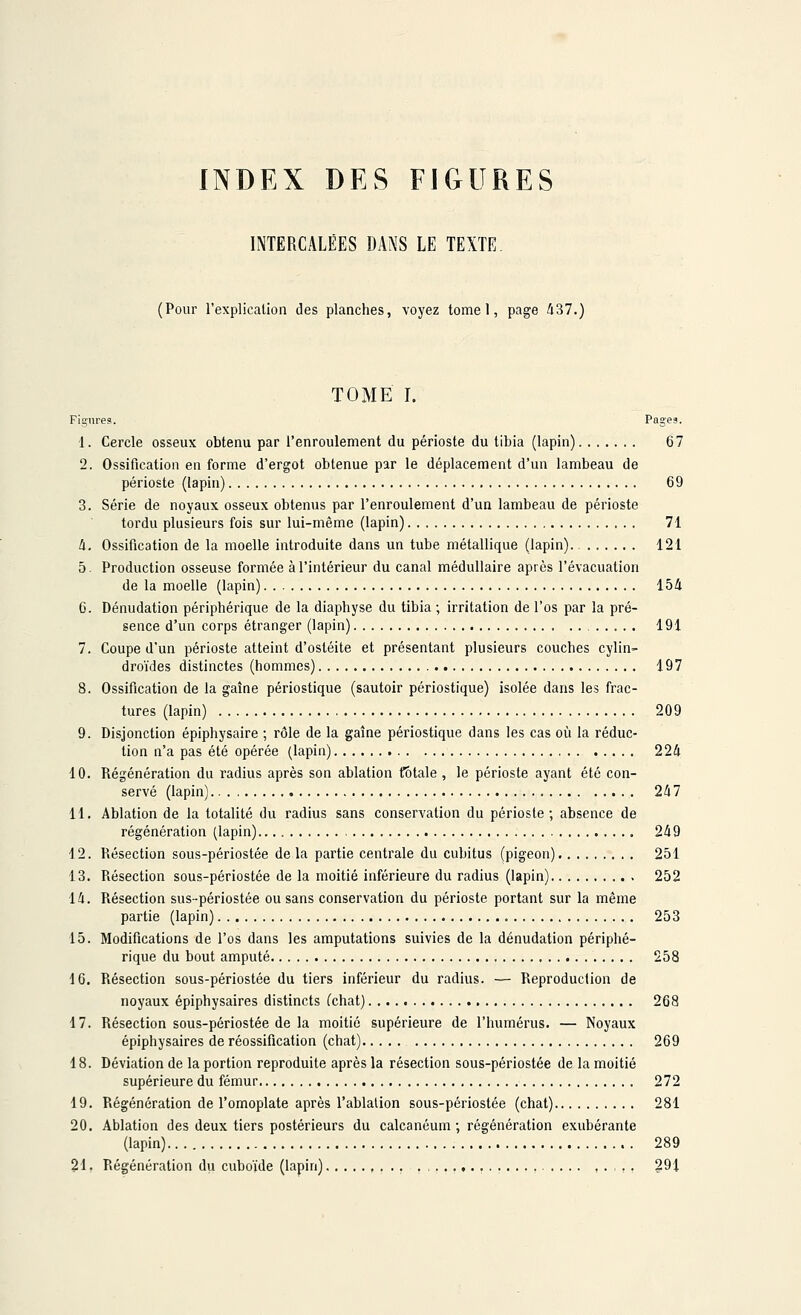 INDEX DES FIGURES INTERCALÉES DANS LE TEXTE. (Pour l'explication des planches, voyez tome 1, page 437.) TOME I. Figures. Pages. 1. Cercle osseux obtenu par l'enroulement du périoste du tibia (lapin) 67 2. Ossification en forme d'ergot obtenue par le déplacement d'un lambeau de périoste (lapin) 69 3. Série de noyaux osseux obtenus par l'enroulement d'un lambeau de périoste tordu plusieurs fois sur lui-même (lapin) 71 4. Ossification de la moelle introduite dans un tube métallique (lapin) 121 5. Production osseuse formée à l'intérieur du canal médullaire après l'évacuation de la moelle (lapin) 154 C. Dénudation périphérique de la diaphyse du tibia ; irritation de l'os par la pré- sence d'un corps étranger (lapin) 191 7. Coupe d'un périoste atteint d'ostéite et présentant plusieurs couches cylin- droïdes distinctes (hommes) 197 8. Ossification de la gaîne périostique (sautoir périostique) isolée dans les frac- tures (lapin) 209 9. Disjonction épiphysaire ; rôle de la gaîne périostique dans les cas où la réduc- tion n'a pas été opérée (lapin) 224 10. Régénération du radius après son ablation totale , le périoste ayant été con- servé (lapin) 247 11. Ablation de la totalité du radius sans conservation du périoste; absence de régénération (lapin) 249 12. Résection sous-périostée de la partie centrale du cubitus (pigeon). 251 13. Résection sous-périostée de la moitié inférieure du radius (lapin) 252 14. Résection sus-périostée ou sans conservation du périoste portant sur la même partie (lapin) 253 15. Modifications de l'os dans les amputations suivies de la dénudation périphé- rique du bout amputé 258 16. Résection sous-périostée du tiers inférieur du radius. — Reproduction de noyaux épiphysaires distincts (chat) 268 17. Résection sous-périostée de la moitié supérieure de l'humérus. — Noyaux épiphysaires de réossification (chat) 269 18. Déviation de la portion reproduite après la résection sous-périostée de la moitié supérieure du fémur 272 19. Régénération de l'omoplate après l'ablation sous-périostée (chat) 281 20. Ablation des deux tiers postérieurs du calcanéum ; régénération exubérante (lapin) 289 21. Régénération du cuboïde (lapin) , . . 291