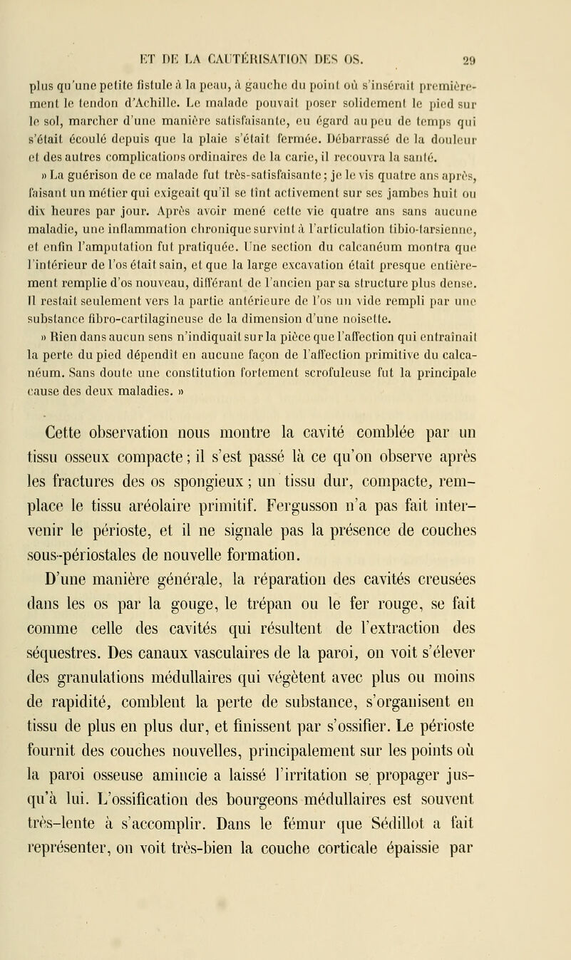 plus qu'une petite fistule à la peau, ù gauche du point où s'insérait première- ment le tendon d'Achille. Le malade pouvait poser solidement le pied sur le sol, marcher d'une manière satisfaisante, eu égard au peu de temps qui s'était écoulé depuis que la plaie s'était fermée. Débarrassé de la douleur et des autres complications ordinaires de la carie, il recouvra la santé. » La guérison de ce malade fut très-satisfaisante ; je le vis quatre ans après, faisant un métier qui exigeait qu'il se tînt activement sur ses jambes huit ou dix heures par jour. Après avoir mené cette vie quatre ans sans aucune maladie, une inflammation chronique survint à l'articulation libio-larsienno, et enfin l'amputation fut pratiquée. Une section du calcanéum montra que l'intérieur de l'os était sain, et que la large excavation était presque entière- ment remplie d'os nouveau, différant de l'ancien par sa structure plus dense. Il restait seulement vers la partie antérieure de l'os un vide rempli par une substance fîbro-cartilagineuse de la dimension d'une noisette. » Rien dans aucun sens n'indiquait sur la pièce que l'affection qui entraînait la perte du pied dépendît en aucune façon de l'affection primitive du calca- néum. Sans doute une constitution fortement scrofuleuse fut la principale cause des deux maladies. » Cette observation nous montre la cavité comblée par un tissu osseux compacte ; il s'est passé là ce qu'on observe après les fractures des os spongieux ; un tissu dur, compacte, rem- place le tissu aréolaire primitif. Fergusson n'a pas fait inter- venir le périoste, et il ne signale pas la présence de couches sous-périostales de nouvelle formation. D'une manière générale, la réparation des cavités creusées dans les os par la gouge, le trépan ou le fer rouge, se fait comme celle des cavités qui résultent de l'extraction des séquestres. Des canaux vasculaires de la paroi, on voit s'élever des granulations médullaires qui végètent avec plus ou moins de rapidité, comblent la perte de substance, s'organisent en tissu de plus en plus dur, et finissent par s'ossifier. Le périoste fournit des couches nouvelles, principalement sur les points où la paroi osseuse amincie a laissé l'irritation se propager jus- qu'à lui. L'ossification des bourgeons médullaires est souvent très-lente à s'accomplir. Dans le fémur que Sédillot a fait représenter, on voit très-bien la couche corticale épaissie par