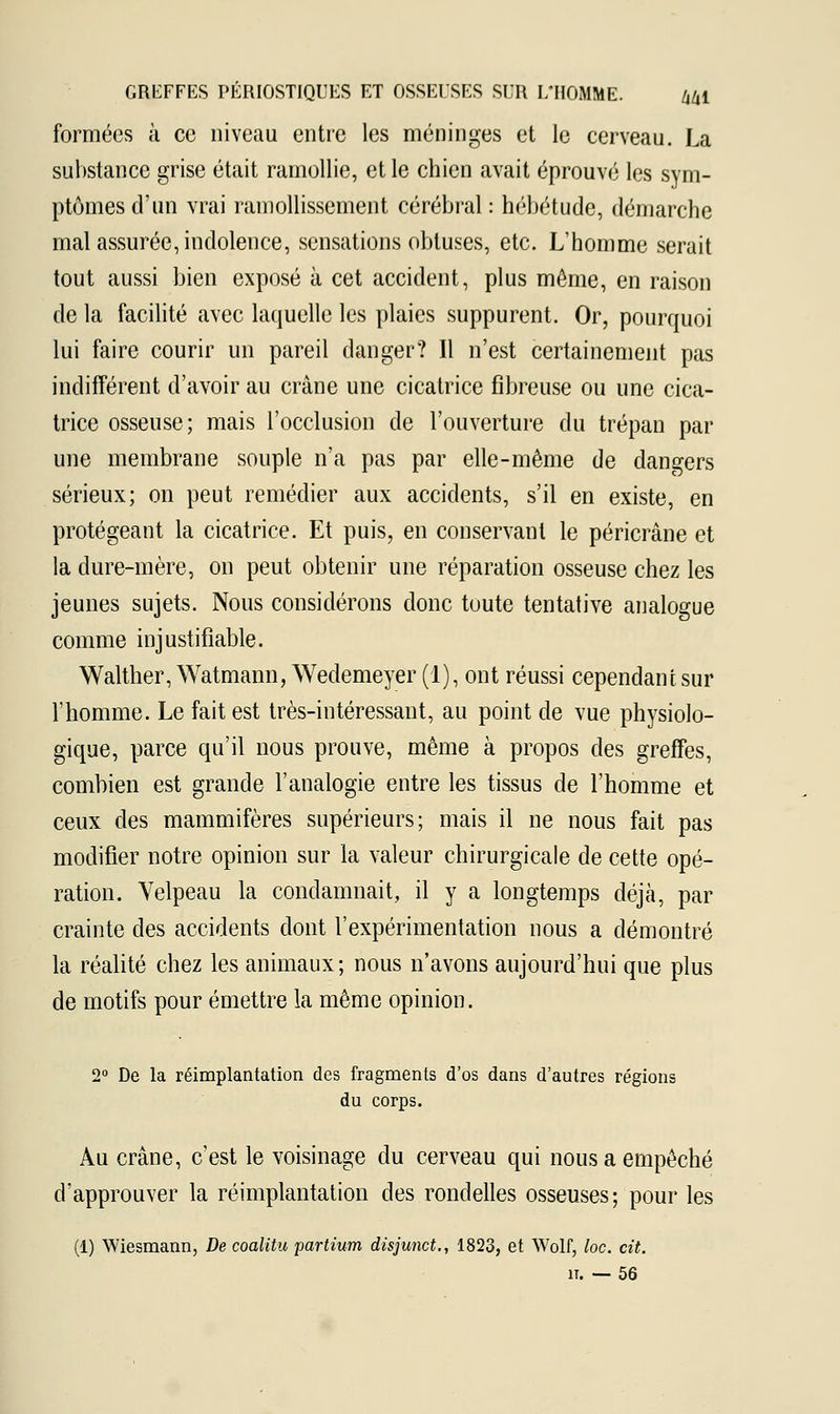 formées à ce niveau entre les méninges et le cerveau. La substance grise était ramollie, et le chien avait éprouvé les sym- ptômes d'un vrai ramollissement cérébral : hébétude, démarche mal assurée, indolence, sensations obtuses, etc. L'homme serait tout aussi bien exposé à cet accident, plus même, en raison de la facilité avec laquelle les plaies suppurent. Or, pourquoi lui faire courir un pareil danger? Il n'est certainement pas indifférent d'avoir au crâne une cicatrice fibreuse ou une cica- trice osseuse; mais l'occlusion de l'ouverture du trépan par une membrane souple n'a pas par elle-même de dangers sérieux; on peut remédier aux accidents, s'il en existe, en protégeant la cicatrice. Et puis, en conservant le péricrâne et la dure-mère, on peut obtenir une réparation osseuse chez les jeunes sujets. Nous considérons donc toute tentative analogue comme injustifiable. Walther, Watmann, Wedemeyer (1), ont réussi cependant sur l'homme. Le fait est très-intéressant, au point de vue physiolo- gique, parce qu'il nous prouve, même à propos des greffes, combien est grande l'analogie entre les tissus de l'homme et ceux des mammifères supérieurs; mais il ne nous fait pas modifier notre opinion sur la valeur chirurgicale de cette opé- ration. Velpeau la condamnait, il y a longtemps déjà, par crainte des accidents dont l'expérimentation nous a démontré la réalité chez les animaux; nous n'avons aujourd'hui que plus de motifs pour émettre la même opinion. 2° De la réimplantation des fragments d'os dans d'autres régions du corps. Au crâne, c'est le voisinage du cerveau qui nous a empêché d'approuver la réimplantation des rondelles osseuses; pour les (1) Wiesmann, De coalitu partium disjunct., 1823, et Wolf, loc. cit.