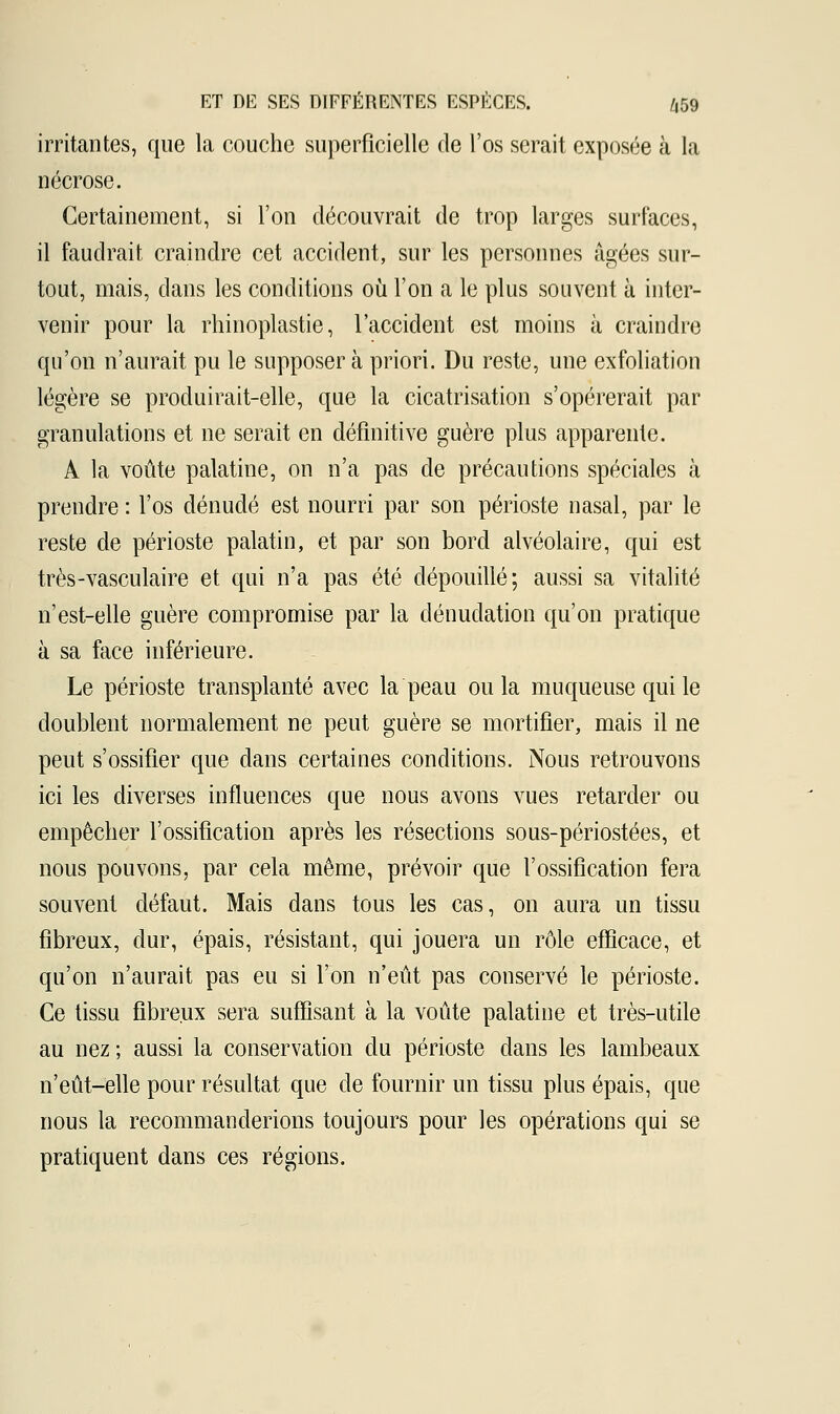 irritantes, que la couche superficielle de l'os serait exposée à la nécrose. Certainement, si l'on découvrait de trop larges surfaces, il faudrait craindre cet accident, sur les personnes âgées sur- tout, mais, dans les conditions où l'on a le plus souvent à inter- venir pour la rhinoplastie, l'accident est moins à craindre qu'on n'aurait pu le supposera priori. Du reste, une exfoliation légère se produirait-elle, que la cicatrisation s'opérerait par granulations et ne serait en définitive guère plus apparente. A la voûte palatine, on n'a pas de précautions spéciales à prendre : l'os dénudé est nourri par son périoste nasal, par le reste de périoste palatin, et par son bord alvéolaire, qui est très-vasculaire et qui n'a pas été dépouillé; aussi sa vitalité n'est-elle guère compromise par la dénudation qu'on pratique à sa face inférieure. Le périoste transplanté avec la peau ou la muqueuse qui le doublent normalement ne peut guère se mortifier, mais il ne peut s'ossifier que dans certaines conditions. Nous retrouvons ici les diverses influences que nous avons vues retarder ou empêcher l'ossification après les résections sous-périostées, et nous pouvons, par cela même, prévoir que l'ossification fera souvent défaut. Mais dans tous les cas, on aura un tissu fibreux, dur, épais, résistant, qui jouera un rôle efficace, et qu'on n'aurait pas eu si l'on n'eût pas conservé le périoste. Ce tissu fibreux sera suffisant à la voûte palatine et très-utile au nez; aussi la conservation du périoste dans les lambeaux n'eût-elle pour résultat que de fournir un tissu plus épais, que nous la recommanderions toujours pour les opérations qui se pratiquent dans ces régions.