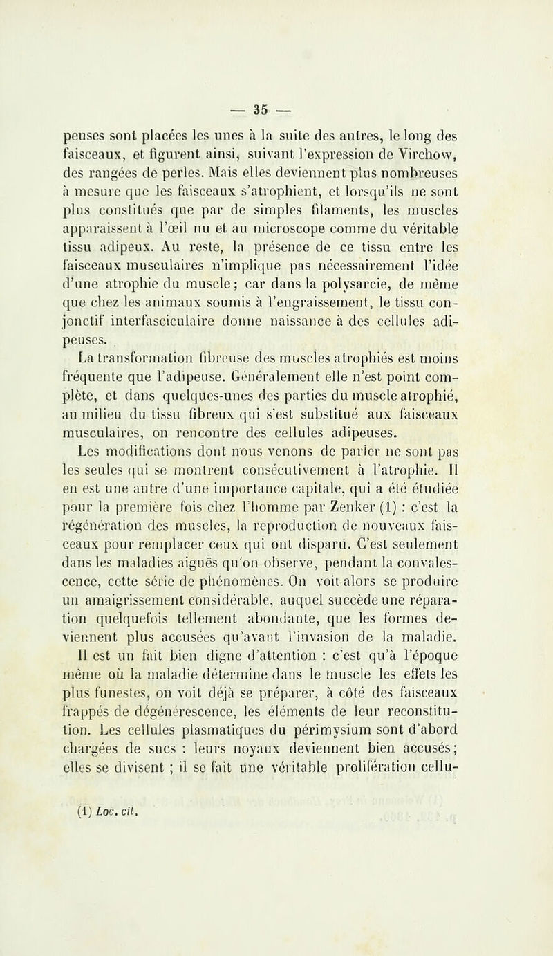 peuses sont placées les unes à la suite des autres, le long des faisceaux, et figurent ainsi, suivant l'expression de Virchow, des rangées de perles. Mais elles deviennent plus nombreuses à mesure que les faisceaux s'atrophient, et lorsqu'ils ne sont plus constitués que par de simples filaments, les muscles apparaissent à l'œil nu et au microscope comme du véritable tissu adipeux. Au reste, la présence de ce tissu entre les faisceaux musculaires n'implique pas nécessairement l'idée d'une atrophie du muscle ; car dans la polysarcie, de même que chez les animaux soumis à l'engraissement, le tissu con- jonctif interfasciculaire donne naissance à des cellules adi- peuses. La transformation fibreuse des muscles atrophiés est moins fréquente que l'adipeuse. Généralement elle n'est point com- plète, et dans quelques-unes des parties du muscle atrophié, au milieu du tissu fibreux qui s'est substitué aux faisceaux musculaires, on rencontre des cellules adipeuses. Les modifications dont nous venons de parier ne sont pas les seules qui se montrent consécutivement à l'atrophie. Il en est une autre d'une importance capitale, qui a été étudiée pour la première fois chez l'homme par Zenker (1) : c'est la régénération des muscles, la reproduction de nouveaux fais- ceaux pour remplacer ceux qui ont disparu. C'est seulement dans les maladies aiguës qu'on observe, pendant la convales- cence, cette série de phénomènes. On voit alors se produire un amaigrissement considérable, auquel succède une répara- tion quelquefois tellement abondante, que les formes de- viennent plus accusées qu'avant l'invasion de la maladie. Il est un fait bien digne d'attention : c'est qu'à l'époque même où la maladie détermine dans le muscle les effets les plus funestes, on voit déjà se préparer, à côté des faisceaux frappés de dégénérescence, les éléments de leur reconstitu- tion. Les cellules plasmatiques du périmysium sont d'abord chargées de sucs : leurs noyaux deviennent bien accusés; elles se divisent ; il se fait une véritable prolifération cellu- (1) Loc. cit.