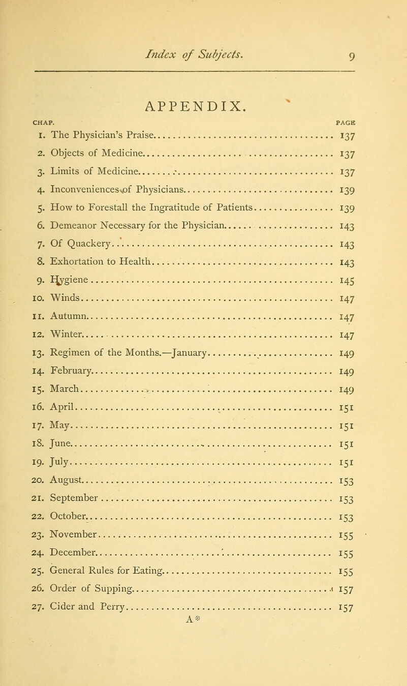 APPENDIX. CHAP. PAGE 1. The Physician's Praise 137 2. Objects of Medicine 137 3. Limits of Medicine .- 137 4. Inconveniencessof Physicians 139 5. How to Forestall the Ingratitude of Patients 139 6. Demeanor Necessary for the Physician 143 7. Of Quackery 143 8. Exhortation to Health 143 9. %giene 145 10. Winds 147 11. Autumn 147 12. Winter , 147 13. Regimen of the Months.—January 149 14. February 149 15. March 149 16. April , 151 17. May 151 18. June .... 151 19- July 151 20. August. 153 21. September 153 22. October 153 23. November 155 24. December '. 155 25. General Rules for Eating 155 26. Order of Supping ,< 157 27. Cider and Perry. 157 A*