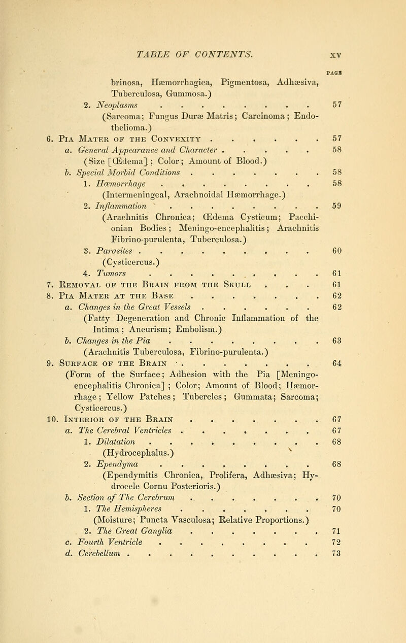 PAGB brinosa, Haemorrhagica, Pigmentosa, Adhaesiva, Tuberculosa, Gummosa.) 2. Neoplasms ........ 57 (Sarcoma; Fungus Dur« Matris; Carcinoma; Endo- tlielioma.) 6. Pia Mater of the Convexity 57 a. General Appearance and Character ..... 58 (Size [CEdema} ; Color; Amount of Blood.) h. Special AforbiJ Conditions ....... 58 1. Hcemorrhage ........ 58 (Intermeningeal, Arachnoidal Hsemorrbage.) 2. Inflammation . . . . . . . .59 (Arachnitis Chronica; (Edema Cysticum; Pacchi- onian Bodies ; Meningo-encephalitis; Arachnitis Fibrino-purulenta, Tuberculosa.) 3. Parasites 60 (Cysticercus.) 4. Tumors . . . . ... . . .61 7. Removal op the Brain from the Skull . . . 61 8. Pia Mater at the Base 62 a. Changes in the Great Vessels 62 (Fatty Degeneration and Chronic Inflammation of the Intima; Aneurism; Embolism.) h. Changes in the Pia .63 (Arachnitis Tuberculosa, Fibrino-purulenta.) 9. Surface of the Brain • 64 (Form of the Surface; Adhesion with the Pia [Meningo- encephalitis Chronica] ; Color; Amount of Blood; Haemor- rhage; Yellow Patches; Tubercles; Gummata; Sarcoma; Cysticercus.) 10. Interior op the Brain 67 a. The Cerebral Ventricles ....... 67 1. Dilatation 68 (Hydrocephalus.) ^ 2. Ependyma 68 (Ependymitis Chronica, Prolifera, Adhaesiva; Hy- drocele Cornu Posterioris.) 6. Section of The Cerehrum . . . . . . .70 1. The Hemviplieres 70 (Moisture; Puncta Vasculosa; Relative Proportions.) 2. The Great Ganglia 71 c. Fourth Ventricle 72 d. Cerebellum .......... 73