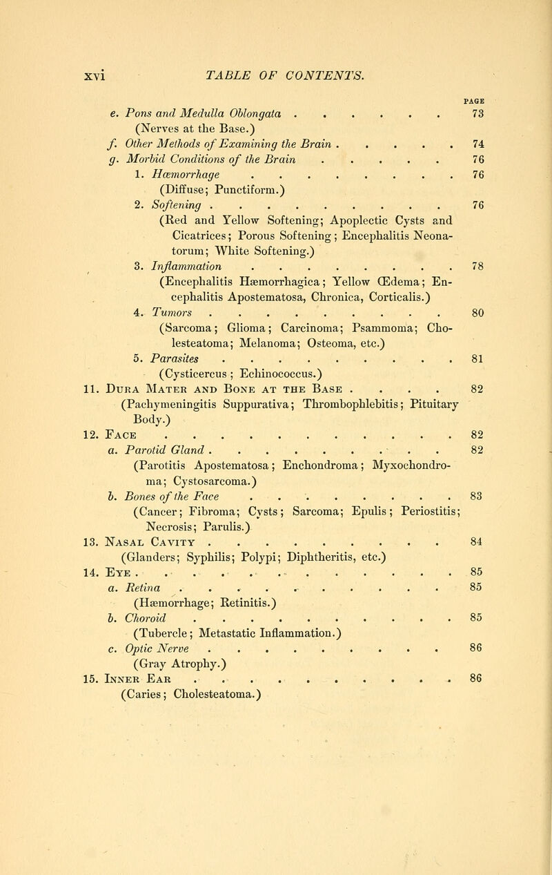 PAGE e. Pons and Medulla Oblongata . . . . . . 73 (Nerves at the Base.) f. Other Methods of Examining the Brain . .... 74 g. Morbid Conditions of the Brain ..... 76 1. Hcemorrhage . . . . . . . .76 (Diffuse; Punctiform.) 2. Softening 76 (Red and Yellow Softening; Apoplectic Cysts and Cicatrices; Porous Softening ; Encephalitis Neona- torum; White Softening.) 3. Inflammation ........ 78 (Encephalitis Hsemorrhagica; Yellow OEdema; En- cephalitis Apostematosa, Chronica, Corticalis.) 4. Tumors ......... 80 (Sarcoma; Glioma; Carcinoma; Psammoma; Cho- lesteatoma; Melanoma; Osteoma, etc.) 5. Parasites 81 (Cysticercus ; Echinococcus.) 11. Dura Mater and Bone at the Base .... 82 (Pachymeningitis Suppurativa; Thrombophlebitis; Pituitary Body.) 12. Face 82 a. Parotid Gland ■ . . 82 (Parotitis Apostematosa ; Enchondroma ; Myxochondro- ma; Cystosarcoma.) b. Bones of the Face 83 (Cancer; Fibroma; Cysts; Sarcoma; Epulis; Periostitis; Necrosis; Parulis.) 13. Nasal Cavity 84 (Glanders; Syphilis; Polypi; Diphtheritis, etc.) 14. Eye . ...-..-. 85 a. Retina . ... ^ .... . 85 (Haemorrhage; Retinitis.) b. Choroid 85 (Tubercle; Metastatic Inflammation.) c. Optic Nerve 86 (Gray Atrophy.) 15. Inner Ear . . . . . . . . . .86 (Caries; Cholesteatoma.)