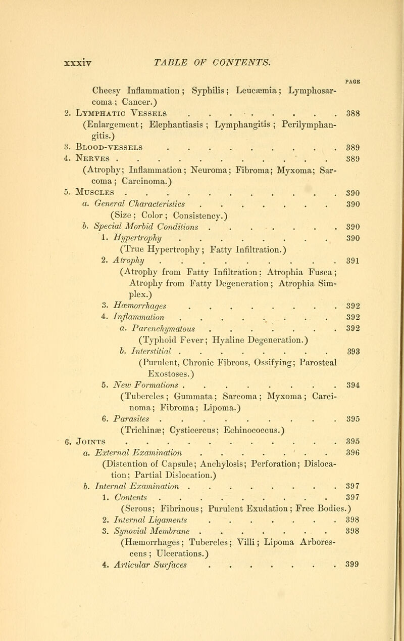 PAGB Cheesy Inflammation ; Syphilis ; Leuc^mia; Lymphosar- coma ; Cancer.) 2. Lymphatic Vessels . . . ■ 388 (Enlargement; Elephantiasis ; Lymphangitis ; Perilymphan- gitis.) 3. Blood-vessels 389 4. Nerves ' . . 389 (Atrophy; Inflammation; Neuroma; Fibroma; Myxoma; Sar- coma ; Carcinoma.) 5. Muscles 390 a. General Characteristics 390 (Size ; Color ; Consistency.) h. Special Morbid Conditions 390 1. Hypertrophy 390 (True Hypertrophy ; Fatty Infiltration.) 2. Atrophy 391 (Atrophy from Fatty Infiltration; Atrophia Fusca; Atrophy from Fatty Degeneration ; Atrophia Sim- plex.) 3. Hcemorrhages 392 4. Inflammation . . 392 a. Parenchymatous 392 (Typhoid Fever; Hyaline Degeneration.) b. Interstitial 393 (Purulent, Chronic Fibrous, Ossifying; Parosteal Exostoses.) 5. New Formations . . . . . . . .394 (Tubercles ; Gummata; Sarcoma ; Myxoma ; Carci- noma; Fibroma; Lipoma.) 6. Parasites ......... 395 (Trichinae; Cysticercus; Echinococcus.) 6. Joints 395 a. External Examination . . . . , ' . . 396 (Distention of Capsule; Anchylosis; Perforation; Disloca- tion; Partial Dislocation.) b. Internal Examination . . . . . . . .397 1. Contents ......... 397 (Serous; Fibrinous; Purulent Exudation ; Free Bodies.) 2. Internal Ligaments ....... 398 3. Synovial Membrane ....... 398 (Haemorrhages; Tubercles; Villi; Lipoma Arbores- cens ; Ulcerations.) 4. Articular Surfaces . . . . . . .399