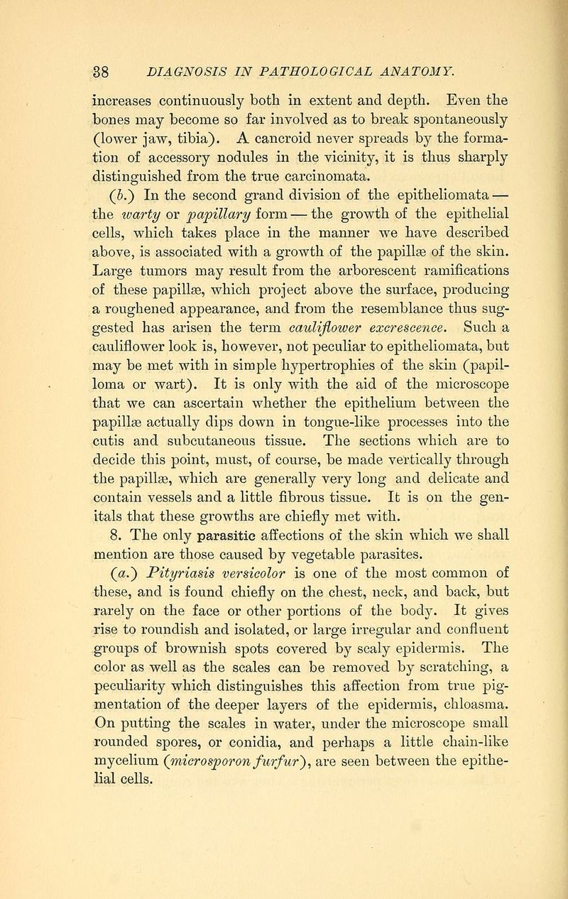 increases continuously both in extent and depth. Even the bones may become so far involved as to break spontaneously (lower jaw, tibia). A cancroid never spreads by the forma- tion of accessory nodules in the vicinity, it is thus sharply distinguished from the true carcinomata. (5.) In the second grand division of the epitheliomata — the warty or papillary form — the growth of the epithelial cells, which takes place in the manner we have described above, is associated with a growth of the papillse of the skin. Large tumors may result from the arborescent ramifications of these papillae, which project above the surface, producing a roughened appearance, and from the resemblance thus sug- gested has arisen the term cauliflower excrescence. Such a cauliflower look is, however, not peculiar to epitheliomata, but may be met with in simple hypertrophies of the skin (papil- loma or wart}. It is only with the aid of the microscope that we can ascertain whether the epithelium between the papillse actually dips down in tongue-like processes into the cutis and subcutaneous tissue. The sections which are to decide this point, must, of course, be made vertically through the papill«, which are generally very long and delicate and contain vessels and a little fibrous tissue. It is on the gen- itals that these growths are chiefly met with. 8. The only parasitic affections of the skin which we shall mention are those caused by vegetable parasites. (a.) Pityriasis versicolor is one of the most common of these, and is found chiefly on the chest, neck, and back, but rarely on the face or other portions of the body. It gives rise to roundish and isolated, or large irregular and confluent groups of brownish spots covered by scaly epidermis. The color as well as the scales can be removed by scratching, a peculiarity which distinguishes this affection from true pig- mentation of the deeper layers of the epidermis, chloasma. On pvitting the scales in water, under the microscope small rounded spores, or conidia, and perhaps a little chain-like mycelium (micro sp or on furfur), are seen between the epithe- lial cells.