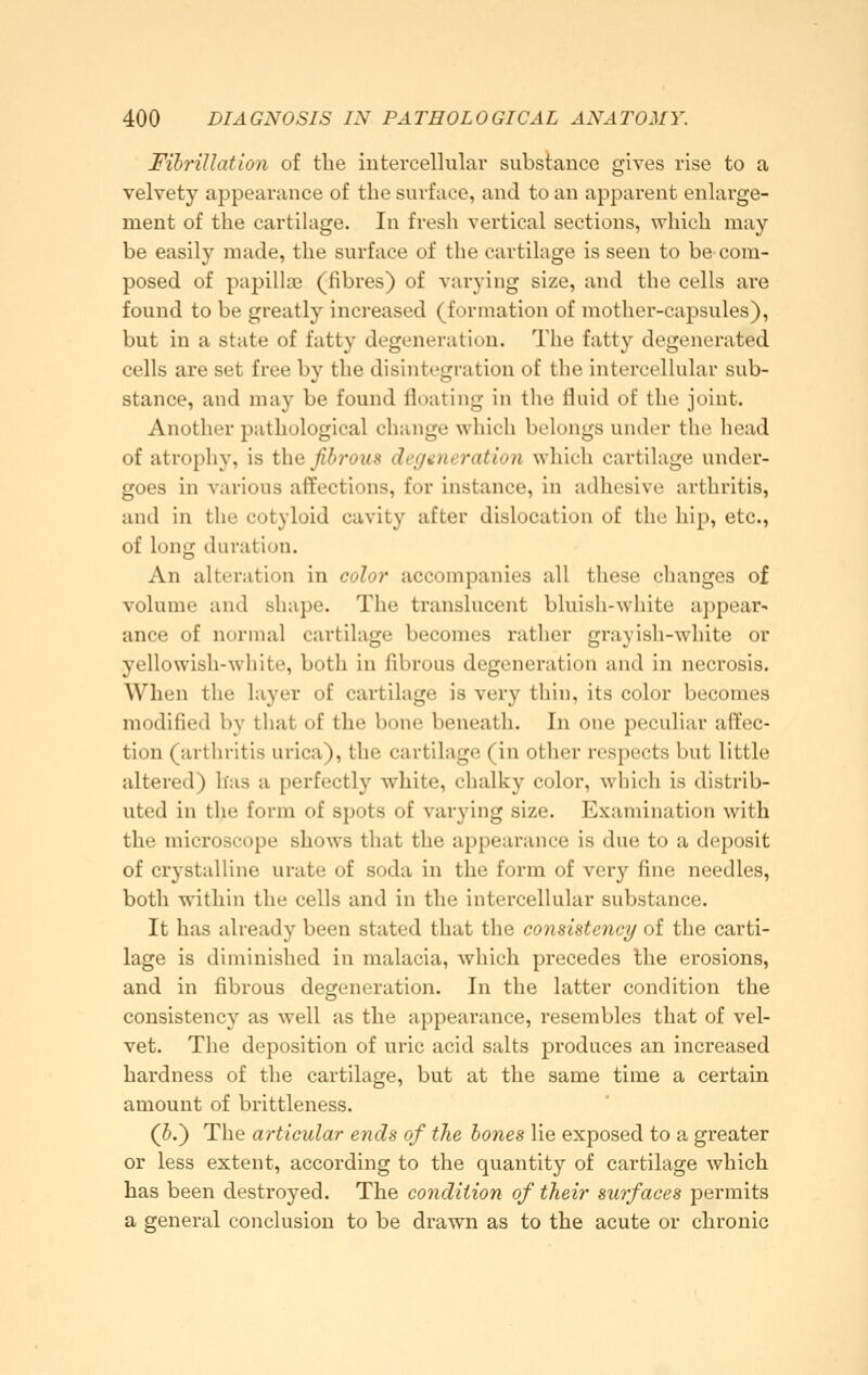 Fibrillation of the intercellular substance gives rise to a velvety appearance of the surface, and to an apparent enlarge- ment of the cartilage. In fresh vertical sections, which may be easily made, the surface of the cartilage is seen to be com- posed of papilla? (fibres) of varying size, and the cells are found to be greatly increased (formation of mother-capsules), but in a state of fatty degeneration. The fatty degenerated cells are set free by the disintegration of the intercellular sub- stance, and may be found floating in the fluid of the joint. Another pathological change which belongs under the head of atrophy, is the fibrous defjaneration which cartilage under- goes in various affections, for instance, in adhesive arthritis, and in the cotyloid cavity after dislocation of the hip, etc., of long duration. An altei'ation in color accompanies all these changes of volume and shape. The translucent bluish-white appear- ance of normal cartilage becomes rather grayish-white or yellowish-white, both in fibrous degeneration and in necrosis. When the layer of cartilage is very thin, its color becomes modified by tliat of the bone beneath. In one peculiar affec- tion (arthritis urica), the cartilage (in other respects but little altered) has a perfectly white, chalky color, which is distrib- uted in the form of spots of varying size. Examination with the microscope shows that the appearance is due to a deposit of crystalline urate of soda in the form of very fine needles, both within the cells and in the intercellular substance. It has already been stated that the consistency of the carti- lage is diminished in malacia, which precedes the erosions, and in fibrous degeneration. In the latter condition the consistency as well as the appearance, resembles that of vel- vet. The deposition of uric acid salts produces an increased hardness of the cartilage, but at the same time a certain amount of brittleness. (5.) The articular ends of the bones lie exposed to a greater or less extent, according to the quantity of cartilage which has been destroyed. The condition of their surfaces permits a general conclusion to be drawn as to the acute or chronic