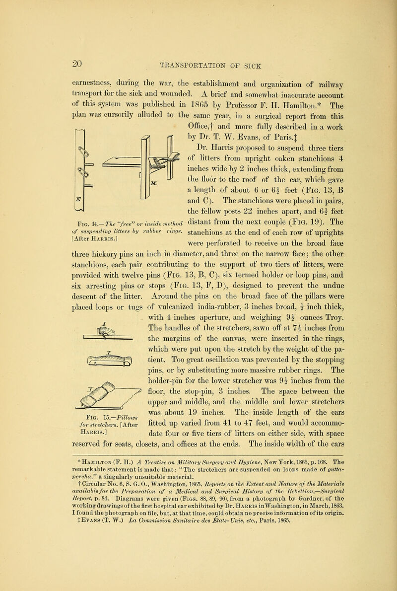 earnestness, during the war, the establishment and organization of railway transport for the sick and wounded. A brief and somewhat inaccurate account of this system was published in 1865 by Professor F. H. Hamilton* The plan was cursorily alluded to the same year, in a surgical report from this Ofl&ce,f and more fully described in a work by Dr. T. W. Evans, of Paris.J Dr. Harris proposed to suspend three tiers of litters from upright oaken stanchions 4 inches wide by 2 inches thick, extending from the floor to the roof of the car, which gave a length of about 6 or 6 J feet (Fig. 13, B and C). The stanchions were placed in pairs, the fellow posts 22 inches apart, and 6 J feet Fig. n.-TTie''free or inside method distant from the next couple (FiG. 19). The of suspending litters hy rubber rings, stanchions at the end of each row of uprights [After Harris.] <? . i . • -i i i i? were periorated to receive on the broad lace three hickory pins an inch in diameter, and three on the narrow face; the other stanchions, each pair contributing to the support of two tiers of litters, were provided with twelve pins (Fig. 13, B, C), six termed holder or loop pins, and six arresting pins or stops (Fig. 13, F, D), designed to prevent the undue descent of the litter. Around the pins on the broad face of the pillars were placed loops or tugs of vulcanized india-rubber, 3 inches broad, i inch thick, with 4 inches aperture, and weighing 9 J ounces Troy. The handles of the stretchers, sawn off at 7^ inches from the margins of the canvas, were inserted in the rings, which were put upon the stretch by the weight of the pa- tient. Too great oscillation was prevented by the stopping pins, or by substituting more massive rubber rings. The holder-pin for the lower stretcher was 9 J inches from the floor, the stop-pin, 3 inches. The space between the upper and middle, and the middle and lower stretchers was about 19 inches. The inside length of the cars fitted up varied from 41 to 47 feet, and would accommo- date four or five tiers of litters on either side, with space reserved for seats, closets, and ofiices at the ends. The inside width of the cars Fig. Ib.—Pilloios for stretchers. TAfter Harris.] * Hamilton (F. H.) A Treatise on Military Surgery and Hygiene, New York, 1865, p. 168. The remarkable statement is made that: The stretchers are suspended on loops made of gutta- percha, a singularly unsuitable material. t Circular No. 6, S. G. 0., Washington, 1865. Reports on the Extent and Nature of the Materials available for the Preparation of a Medical and Surgical History of the Rebellion,—Surgical Report, p. 84. Diagrams were given (Figs. 88, 89, 90), from a photograph by Gardner, of the working drawings of the first hospital car exhibited by Dr. Harris in Washington, in March, 1863. I found the photograph on file, but, at that time, could obtain no precise information of its origin. t Evans (T. W.) La Commission Sanitaire des Mats- Unis, etc., Paris, 1865.
