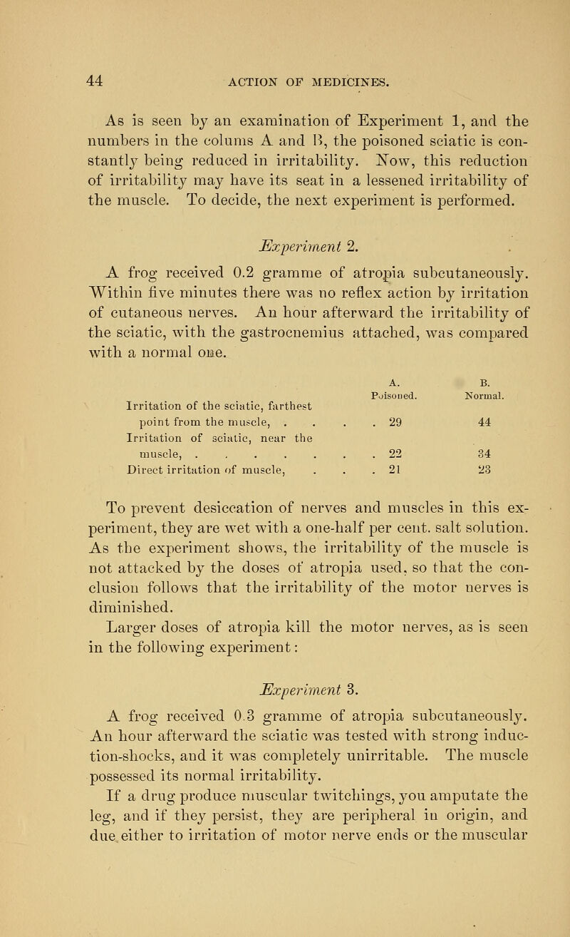 As is seen by an examination of Experiment 1, and the numbers in the colums A and B, the poisoned sciatic is con- stantly being reduced in irritability. 'Now, this reduction of irritability may have its seat in a lessened irritability of the muscle. To decide, the next experiment is performed. Experiment 2. A frog received 0.2 gramme of atropia subcutaneously. Within five minutes there was no reflex action by irritation of cutaneous nerves. An hour afterward the irritability of the sciatic, with the gastrocnemius attached, was compared with a normal one. A. B. Poisoned. Koruial. Irritation of the sciatic, farthest point from the muscle, .... 29 44 Irritation of sciatic, near the muscle, 22 34 Direct irritation of muscle, ... 21 23 To prevent desiccation of nerves and muscles in this ex- periment, they are wet with a one-half per cent, salt solution. As the experiment shows, the irritability of the muscle is not attacked by the doses of atropia used, so that the con- clusion follows that the irritability of the motor nerves is diminished. Larger doses of atropia kill the motor nerves, as is seen in the following experiment: Experiment 3. A frog received 0.3 gramme of atropia subcutaneously. An hour afterward the sciatic was tested with strong induc- tion-shocks, and it was completely unheritable. The muscle possessed its normal irritability. If a drug produce muscular twitchings, you amputate the leg, and if they persist, they are peripheral in origin, and due either to irritation of motor nerve ends or the muscular