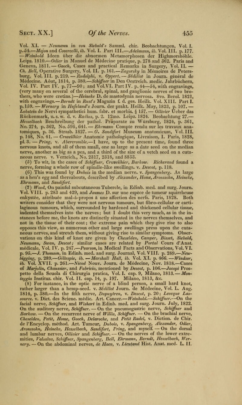 Vol. XL — Neumann in von Siehold's Samml. chir. Beobachtungen, Vol. I. p.-5'i,—Mojon and Covercelli, ib. Vol. I. Part III.—Adelmann, ih. Vol. III. p. 177. — Weinhold Ideen iiber die abnormen Metamorphosen der Highmorsliohle. Leipz. 1810.—Odier in Manuel de Medecine pratique, p. 278 and 362. Paris and Geneva, 1811. — Gooch, Cases and practical Remarks in Surgery, Vol.11.— Ch. Bell, Operative Surgery, Vol. II. p. 161.—Zagorsky in Memoires de Peters- burg, Vol. III. p. 219. — Rudolphi, v. Oppert. — Sidillot in Journ. general de Medecine. Aout, 1814, p. 380.—Schiffner in T>exi Oe%\XPAc\\. medic. Jabrbiichern, Vol. IV. Part IV. p. 77—90 ; and Vol.VI. Part IV. p. 44—54, with engravings, (very many on several of the cerebral, spinal, and ganglionic nerves of two bro- thers, who were cretins.)—Heineke D. de mastodynia nervosa. 8vo. Berol. 1821, with engravings.—Berndt in Rust's Magazin f. d. ges. Heilk. Vol. XIII. Part I. p. 159. — Wernery in Hufeland's Journ. der prakt. Heilk. May, 1823, p. 107. — Lohstein de Nervi sympathetici hum. fabr. et morbis, § 157. — Ollivier Ueber das Riickenmark, u. s. w. d. v. Radius, p. 2. 12mo. Leipz. 1824. Beobachtung 27.— Hesselbach Beschreibung der pathol. Pr'aparate zu Wurzburg, 1824, p. 361, No. 274, p. 362, No. 596, 641. — Ehrmann Compte rendu sur les travaux ana- tomiques, p. 36. Strasb. 1827. — G, Sandifort Museum anatomicum. Vol. HI. p. 148, No. 41. — Cruveilhier Anatomie pathologique, Livraison, I. Paris, 1828, pi. 3.—Pring, V. Ahercromhie.—I have, up to the present time, found three nervous knots, and all of them small, one as large as a date seed on the median nerve, another as big as a pea, and a third of the size of a vetch seed on a cuta- neous nerve, v. Verzeich., No. 2317, 2318, and 8853. (5) To wit, in the cases of Schiffner, Cruveilhier, Barkow. Richerand found a nerve, forming a whole row of spindle-like swellings, v. Descot, p. 118. (6) This was found by Dubois in the median nerve, v. Spangenberg. As large as a hen's eg^ and thereabouts, described by Alexander, Home, Aronssohn, Heineke, Ehrmann, and Sandifort. (7) Wood, On painful subcutaneous Tubercle, in Edinb. med. and surg. Journ. Vol. VIII. p. 283 and 429, and Jaumes D. sur une espece de tumeur squirrheuse enkystee, attribuee mal-a-propos k une affection des nerfs. Paris, 1828. Both writers consider that they were not nervous tumours, but fibro-cellular or carti- laginous tumours, which, surrounded by hardened and thickened cellular tissue, indented themselves into the nerves; but I doubt this very much, as in the in- stances before me, the knots are distinctly situated in the nerves themselves, and not in the tissue of their coat; the extreme pain which they give rise to also opposes this view, as numerous other and large swellings press upon the cuta- neous nerves, and stretch them, without giving rise to similar symptoms. Obser- vations on this kind of knot are given by Cheselden, Camper, Bisset, Siebold, Neumann, Swan, Descot; similar cases are related by Portal Cours d'Anat. medicale, Vol. IV. p. 247.—Pearson, in Medical Facts and Observations, Vol. VI. p. 95.—J. Thomson, in Edinb. med. and surg. Journal, Vol. VI11. p. 289.—New- bigging, p. 289.—Gillespie, ib.-—Marshall Hall, ib. Vol. XL p. 466.—Windsor, ib. Vol. XVII. p. 261.—Nicod Nouv. Journ. de Medecine, Nov, 1818.—Cases of Marjolin, Chaussier., and Fabricio, mentioned by Descot, p. 106.—Jacopi Pros- petto della Scuola di Chirurgia pratica, Vol. I. cap. 9, Milano, 1813. — Mon~ teggia Instituz. chir. Vol. 11. cap. 14, p. 197. Milano, 1813, &c. (8) For instance, in the optic nerve of a blind person, a small hard knot, rather larger than a hemp-seed. v. IShlillot Journ. de Medecine, Vol. L. Aug. 1814, p. 380.—In the fifth nerve, Dupuytren, v. Descot, p. 20; Leveque Las- source. V. Diet, des Scienc. medic. Art. Cancer.— Weinhold.—Schiffner.—On the facial nerve, Schiffner, and Wishart in Edinb. med. and surg. Journ. July, 1822. On the auditory nerve, Schiffner. — On the pneumogastric nerve, Schiffner and Barkow. — On the recurrent nerve of Willis, Schiffner. — On the brachial nerve, Cheselden, Petit, Home, Gooch, Delaroche, and Petit Radel, v. Diction, de Chir. de I'Encyclop. method. Art. Tumeur, Dubois, v. Spangenberg, Alexander, Odier, Aronssohn, Heineke, Hesselbach, Sandifort, Pring, and myself. — On the dorsal and lumbar nerves, Ollivier and Schiffner. — On the nerves of the lower extre- mities, Valsalva, Schiffner, Spangenberg, Dell, Ehrmann, Berndt, Hesselbach, Wer- nery.— On the abdominal nerves, de Haen, \. Lieutaud Hist. Anat. med. L. 11.