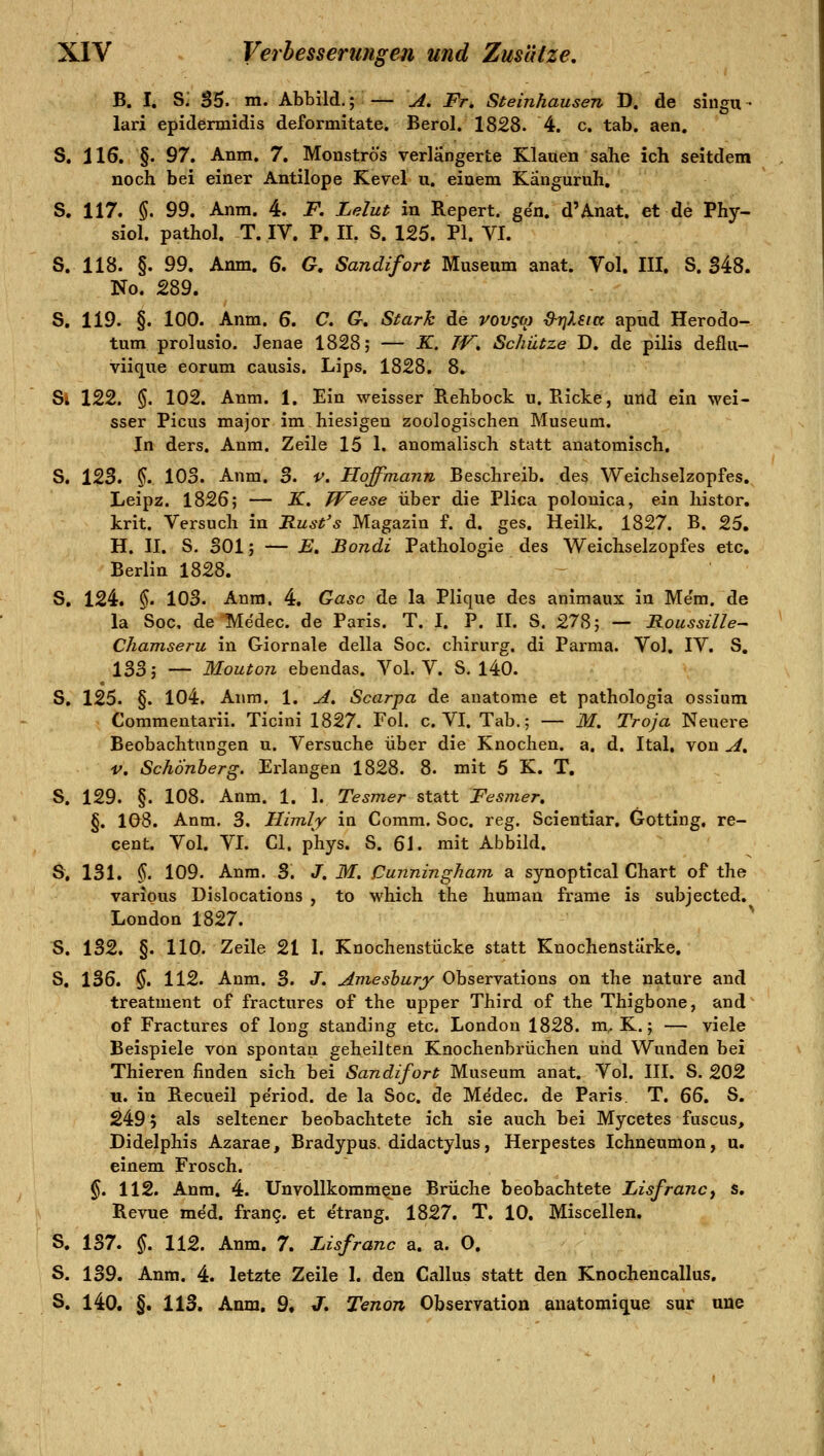 B. I, Si SS. m. Abbild.; — ^4. Fr. Steinhausen D. de singu • lari epidermidis deformitate. Berol. 1828. 4. c, tab. aen. S. 116. §. 97. Anm. 7. Monströs verlängerte Klauen sabe ich seitdem noch bei einer Antilope Kevel u. einem Känguruh. S. 117. §. 99. Anm. 4. F. Lelut in Repert. gen. d'Anat. et de Phy- siol. pathol. T. IV. P. II. S. 125. PI. VI. S. 118. §. 99. Anm. 6. G. Sandifort Museum anat. Vol. III. S. S48. No. 289. S. 119. §. 100. Anm. 6. C. Q. Stark de vovgo) S-rjlsia apud Herodo- tum prolusio. Jenae 1828; — K. TV. Schütze D. de pilis deflu- viique eorum causis. Lips. 1828. 8. Si 122. §. 102. Anm. 1. Ein weisser Rehbock u. Ricke, und ein wei- sser Picus major im hiesigen zoologischen Museum. In ders. Anm. Zeile 15 1. anomalisch statt anatomisch. S. 123. §)• 103. Anm. 3. V. Hoffmann Beschreib, des Weichselzopfes. Leipz. 1826; — K. TVeese über die Plica polouica, ein histor. krit. Versuch in Hust's Magazin f. d. ges. Heilk. 1827. B. 25. H. II. S. 301; — E. Bondi Pathologie des Weichselzopfes etc. Berlin 1828. - S. 124. §• 103. Anm. 4. Gase de la Plique des animaux in Me'm. de la Soc, de Medec. de Paris. T. I. P. II. S. 278; — Roussille- Chamseru in Giornale della Soc. chirurg. di Parma. Vol. IV. S, 133; — Mouton ebendas. Vol. V. S. 140. S, 125. §. 104. Aiim. 1. A. Scarpa de anatome et pathologia ossium Commentarii. Ticini 1827. Fol. c. VI. Tab.; — M. Troja Neuei'e Beobachtungen u. Versuche über die Knochen, a, d. Ital, von J[, V. Schönherg. Erlangen 1828. 8. mit 5 K. T. S. 129. §. 108. Anm. 1. 1. Tesmer statt Fesnier. §. 108. Anm. 3. Himly in Comm. Soc. reg. Scientiar. Gotting. re- cent. Vol. VI. Cl. phys. S. 61. mit Abbild. S, 131. §. 109. Anm. 3. J. M. Cunningham a synoptical Chart of the various Dislocations , to which the human frame is subjected. London 1827. S. 132. §. 110. Zeile 21 1. Knochenstücke statt Knochenstarke. S. 136. $. 112. Anm. 3. J. Avieshury Observations on the nature and treatment of fractures of the upper Third of the Thigbone, and of Fractures of long Standing etc. London 1828. m. K.; — viele Beispiele von spontan geheilten Knochenbrüchen und Wunden bei Thieren finden sich bei Sandifort Museum anat. Vol. III. S. 202 u. in Recueil pe'riod. de la Soc. de Medec. de Paris. T. ß6. S. 249) als seltener beobachtete ich sie auch bei Mycetes fuscus, Didelphis Azarae, Bradypus. didactylus, Herpestes Ichneumon, u. einem Frosch. §. 112. Anm. 4. Unvollkommejoe Brüche beobachtete Lisfrancy s. Revue med. fran?. et e'trang. 1827. T. 10. Miscellen. S, 137. §. 112. Anm. 7. Lisfranc a. a. 0. S. 139. Anm. 4. letzte Zeile 1. den Callus statt den Knochencallus. S. 140. §. 113. Anm, 9« J. Tenon Observation anatoraic[ue sur une