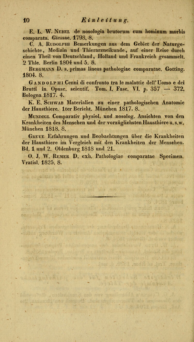 E. L. W. Nebel de nosologia brutorum cum honünum morbis comparata. Giessae. 1798. 8. C. A. RüDOLPHi Bemerkungen aus dem Gebiet der Naturge- schichte, Medizin und Thierarzneikunde, .auf einer Reise durch einen Theil von Deutschland, Holland und Frankreich gesammelt. 2 Tille. Berlin 1804 und 5. 8. Bergmann D. s. primas lineas pathologiae comparatae. Gotting. 1804. 8. Gandolphi Cenni di confronto tra lemalattie deirUomo e dei Brutti in Opusc. scientif. Tom. I. Fase. VI. p. 357 — 372. Bologna 1817. 4. K. E. Schwab Materialien zu einer pathologischen Anatomie der Hausthiere. Iter Bericht. München 1817. 8. MuNDiGL Comparativ physioL und nosolog. Ansichten von den Krankheiten des Menschen und der vorzüglichsten Hausthiere u. s.w. München 1818. 8. Greve Erfahrungen und Beobachtungen über die Krankheiten der Hausthiere im Vergleich mit den Krankheiten der Menschen. Bd. 1 und 2. Oldenburg 1818 und 21. O. J. W. Remer D. exh. Pathologiae comparatae Specimen. Vratisl. 1825. 8.