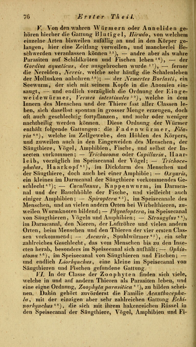 V. Von denAvahren Würmern oder Anneliden ge- hören hierher die Gattung Blutigel, Hirudoj von welchem einzelne Arten bisweilen zufällig an und in den Körper ge- langen, hier eine Zeitlang verweilen, und mancherlei Be- schwerden veranlassen können ^ *), — andre aber als wahre Parasiten auf Schildkröten und Fischen leben ^^)5 — der Gordius aquaticus^ der ausgebrochen Avurde ^^), — ferner die Nereiden, Nereis, welche sehr häufig die Schalenleben der Mollusken anbohren ^s); — der Nejnerles Boi^lasti. ein Seewurm, der sich mit seinem Kopfe in die Anomien ein- saugt, — und endlich vorzüglich die Ordnung der Einge- weidewürmer, Verines intes/iuales ^^), welche in dem Innern des Menschen und der Thiere fast aller Classen le- ben, sich daselbst spontan in grosser Menge erzeugen, doch oft auch geschlechijg fortpflanzen, und mehr oder weniger nachtheilig werden können. Diese Ordnung der Würmer enthält folgende Galtungen: die F a d e n w ii r m e r, JFi/a~ ria'^^)^ welche im Zellgewebe, den Höhlen des Körpers, und zuweilen auch in den Eingeweiden des Menschen, der Säuglhiere, Vögel, Amphibien, Fische, und selbst der In- secten vorkommen; — Trichosotna oder Capillaria^ IIaar- leib, vorzüglich im Speisecanal der Vögel; — Trichoce- phahis, Haarkopf*^), im Dickdarm des Menschen und der Säugthiere, doch auch bei einer Amphibie; — Oj:yiiris^ ein kleines im Darmcanal der Säugthiere vorkommendes Ge- schlecht*^); — CuatUauus, KappenAvurm, im Darmca- nal und der Bauchhöhle der Fische, und vielleicht auch einiger Amphibien ; — Spiroptera * ^) , im Speisecanale des Menschen, und an vielen andern Orten bei Wirbelthieren, zu- weilen Wurmknoten bildend; — Physaloptercij im Speisecanal von Säugthieren, Vögeln imd Amphibien; — ^irongylus'^'^)^ im Darmcanal, den Nieren, der Luftröhre und vielen andern Orten, beim Menschen und den Thieren der vier ersten Clas^ sen vorkommend; — Ascaris ^ Spuhlwürmer *^), ein sehr zahlreiches Geschlecht, das vom Menschen bis zu den Inse- cten herab, besonders im Speisecanal sich aufhält; — Ophio-^ Stoma'^^)^ im Speisecanal von Säugthieren und Fischen; — und endlich Liorhyiichus ^ eine kleine im Speisecanal von Säugthieren und Fischen gefundene Gattung. VI. In der Classe der Zoophyten finden sich viele, welche in und auf andern Thieren als Parasiten leben, und eine eigne Ordnung, Zoopliyta parasitica '^^), zu bilden schei* nen. Dahin gehört zuvörderst die Familie Acanthocefha- la^ mit der einzigen aber sehr zahlreichen Gattung Kchi- noi'hynchus'^^)* die sich mit ihrem hakenreichen Rüssel in den Speisecanal der Säugthiere, Vögel, Amphibien und Fi-