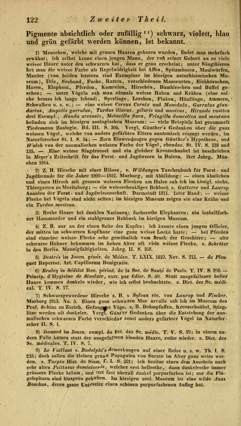 Pigmente absichtlich oder zufällig * *) schwarz, violett, blau und grün gefärbt werden können, ist bekannt. 1) Menschen, welche mit grauen Haaren geboren wurden, findet man mehrfach erwähnt; ich selbst kenne einen jungen Manu, der voft seiner Geburt an so viele weisse Ilaare unter den schwarzen hat, dass er grau erscheint; unter Säugthieren hat man die weisse Farbe als Regelwidrigkeit bei Affen, Spitzmäusen, Maulwürfen, Marder (von beiden letztern sind Exemplare im hiesigen uaturhistorischen Mu- seum), Iltis, Seehund, Fuchs, Ratten, verschiedenen Mausearten, Eichhörnchen, Hasen, Elephaut, Pferden, Kameelen, Hirschen, Damhirschen und Büffel ge- sehen; — unter Vögeln sah man oftmals weisse Raben und Krähen (eine sol- che besass ich lange lebend), Sperlinge, Lerchen, Finken, Hänflinge, Ammern, Schwalben u. s. w.; — eine weisse Corvus Cornix und Monedula, Garrulus glau- darius, Ampelis garrulus, Turdus iliacus, j)27ans und mt/stcus, Hirundo rustica drei Exempl., Alaiida arvensis, Motacilla flava, Fringilht domestica und montana belinden sich im hiesigen zoologischen Museum; — viele Beispiele hat gesammelt Tiedemann Zoologie. Bd. III. S. 304. Vergl, Gänther''s Gedanken über die ganz weissen Vögel, welche von anders gefärbten Eltern anatomisch erzeugt werden, im Naturforscher St. I. S. 54; — Zorn Einwendungen gegen Günther's Hypothese, und Walch von der anomalischen weissen Farbe der Vögel, ebendas. St. IV. S. 128 und 135. — .Eine weisse Singdrossel und ein gleicher Kreuzschnabel ist beschrieben in Meyer's Zeitschrift für das Forst- und Jagdwesen in Baiern. 2ter Jahrg^ Mün- chen 1814. 2) Z. B. Hirsche mit einer Blässe, v. Wildungen Taschenbuch für Forst- und Jagdfreunde für die Jahre 1809—1812. Marburg, mit Abbildung; — einen ähnlichen und einen Hirsch mit grossen weissen Flecken am Halse sah ich im königl. sächs. Thiergarten zu Moritzburg; — ein weissschenkliger Rehbock s. Gatterer und Laurop Annalen der Forst- und Jagdwissenschaft. Darmstadt 1811, Ister Band; — weisse Flecke bei Vögeln sind nicht selten; im hiesigen Museum zeigen sie eine Krähe und ein Turdus musicus. 3) Rothe Haare bei dunklen Nationen; fuchsrothe Elephanten; ein isabellfarb- ner Ilausmarder und ein stahlgrauer Rehbock im hiesigen Museum. 4) Z. B. nur an der einen Seite des Kopfes; ich kannte einen jungen Officier, der mitten im schwarzen Kopfhaar eine ganz weisse Locke hatte; — bei Pferden sind einzelne weisse Flecke sehr gewöhnlich vom Druck der Geschirre; — alte schwarze Hühner bekommen im hohen Alter oft viele weisse Flecke, s. Schröter in den Berlin. Mannigfaltigkeiten. Jahrg. II. S. 168. 5) Vestres im Journ. gener. de Medec. T. LXIX. 1819. Nov. S. 213. — de Plou- guet Repertor. Art. Capillorum Denigratio. 6) Bruleij in Sedilot Rec. pe'riod. de la Soc. de Saute' de Paris. T. IV. S. 2ßO. — Princip. d'Hygieine de Sinclair, extr. par Cdier. S, 59. Statt ausgefallener heller Haare kommen dunkele wieder, wie ich selbst beobachtete, s. Dict, des Sc. medi- cal. T. IV. S. 17. 7) Schwarzgewordene Hirsche z. B. s Sylvan etc. von Laurop und Fischer. Marburg 1813. IVo. 5. Einen ganz schwazen Mus arvalis sah ich im Museum des Prof. Schinz zu Zürich. Gefangijie Vöge, z. B. üohmpfaffeu, Kreuzschnäbel, Stieg- litze werden oft dunkeler. VergL Günther Gedanken über die Entstehung der ano- malischen schwarzen Farbe verschiedn<r sonst andere gefärbter Vögel im Naturfor- scher II. S. 1. 8) Isouard im Journ. compl. du Pct. des Sc. medic. T. V. S. 39; in einem an- dern Falle kamen statt der ausgefaP««» blonden Haare, rothe wieder, s. Dict. des Sc. medicales. T. IV. S. 7. 9) Le Vaillant s. iJud^o^pÄrs^^merkungen auf einer Reise u. s. w. Th. I. S. 235; doch sollen die kleinen grün Papagaieu von Surate im Alter ganz weiss wer- den, s. Turpin Hist. de Siam. f- I. S. 321; ich besitze einen dem Anschein nach sehr alten Fsittacus dominiceris, welcher erst hellrothc, dann dunkelrothe immer grössere Flecke belam, und *tzt fast überall dunkel purpurfarben ist; nur die Flü- gclspitzen sind blaagrün geb'cben. Im hiesigen zool. Museum ist eine wilde Anas Boschus, deren ganze Unt<'seite einen schönen purpurfarbenen Anflug hat.