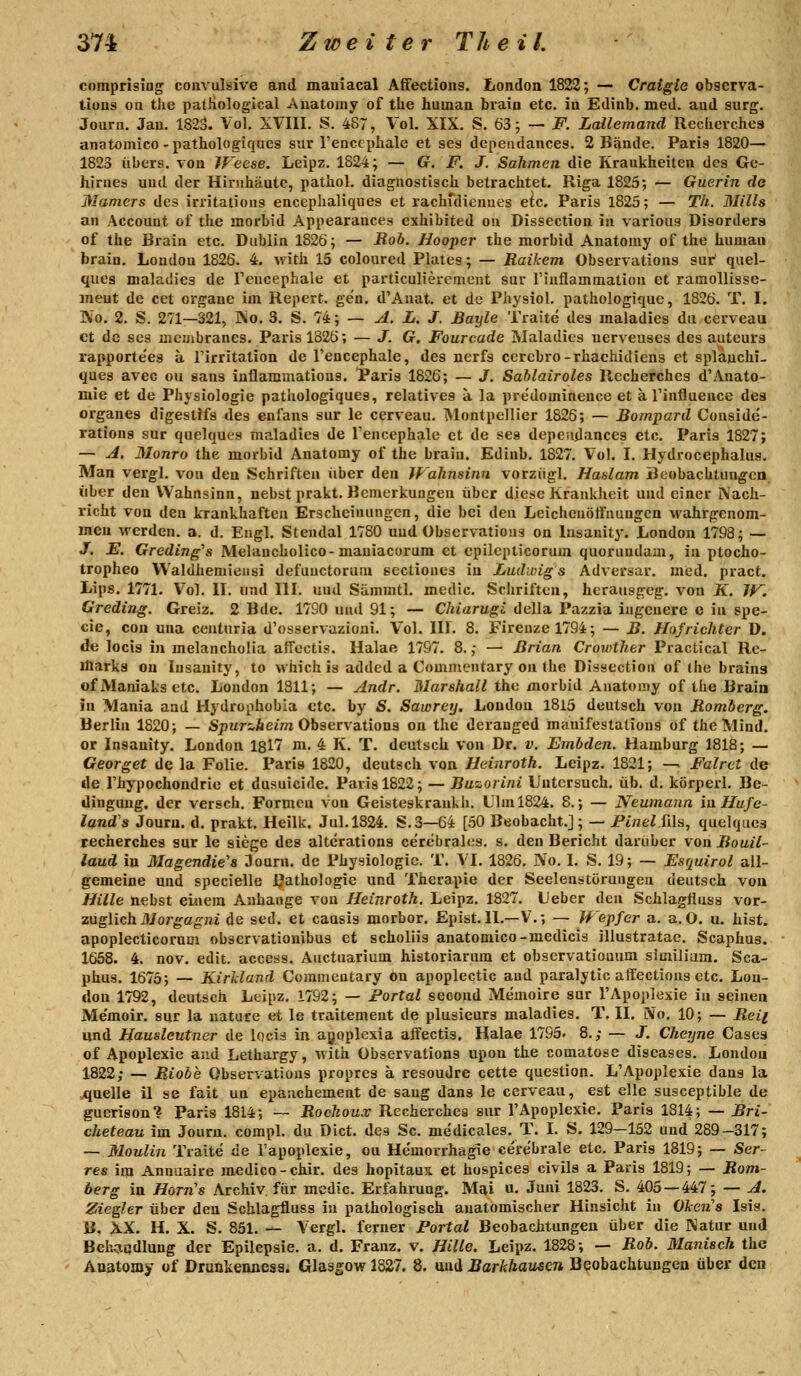 cnmprisiog convulsive and mauiacal Affectious. London 1822; — Craigie observa- tiüus oa tJie palhological Auatomy of the human brain etc. in Edinb. med. aud surg. Journ, Jan. 1823. Vol. XVIII. S. 487, Vol. XIX. S. 63; — F. Lallemand Recherches anatomico - pathologiques sur l'enccpliale et ses depeiidances. 2 Bände. Paris 1820— 1823 übers, von JFeese. Leipz. 1824; — G. F. J. Sahmen die Krankheiten des Ge- hirnes und der Hirnhäute, pathol. diagnostisch betrachtet. Riga 1825; — Guerin de Mamers des irritations encephaliques et rachfdionues etc. Paris 1825; — Th. 3IiUs an Account of the morbid Appearances exhibited on Dissection in various Disorders of the Brain etc. Dublin 1826; — Bob. Hooper the morbid Anatomy of the human brain. London 1826. 4. with 15 coloured Plates; — Raikem Observations sur quel- ques maladies de Tcucephale et particuliercment sur Finflammation et ramollisse- meut de cet organe im Repert. gen. d'Anat. et de Physiol. pathologique, 1826. T. I. INo. 2. S. 271—321, Ko. 3. S. 74; — yl. L. J. Bayle Traite des maladies du cerveau et de ses mcmbranes. Paris 1826; — J. G. Fourcade Maladies nerveuses des auteurs rapporte'es a Tirritation de l'encephale, des ncrfs cerebro-rhachidiens et splanchi- quea avec ou sans iuflammatious. Paris 1826; — J. Sablairoles Rccherches d'Anato- mie et de Physiologie pathologiques, relatives a la predominence et a l'influence des organes digestlfs des enfans sur le cerveau. Montpellier 1826; — Bompard Couside- rations sur quelques maladies de l'encephale et de ses depeudances etc. Paris 1827; — ji. Monro the morbid Anatomy of the brain. Edinb. 1827. Vol. I. Hydrocephalus. Man vergl. von den Schriften iiber den Wahnsinn vorziigl. Hadam Beobachtung-ca über den VV^ahnsinn, nebst prakt. Bemerkungen über diese Krankheit und einer Nach- richt von den kTankhaften Erscheinungen, die bei den Leichenöffnungen wahrgenom- men werden, a. d. Engl, Stendal 1780 uud Observations on lusanity. London 1798; — J. E. Greding's Melancholico-mauiacorum et cpilepticorum quorundam, in ptocho- tropheo Waldhemieiisi defuuctoruni sectiones in Ludwigs Adversar. mied, pract. Lips. 1771. Vol. II. und III. uud Sämmtl. medic. Schriften, herausgcg. von K. Jf^. Greding. Greiz. 2 Bde. 17S0 und 91; — Chiarugi della Pazzia ingenere e in spe- cie, cou una centuria d'osservazioni. Vol. III. 8. Firenzel794; — B. Hofrichter ü. de locis in melancholia affectis. Halae 1797. 8.; — Brian Crowther Practical Re- üiarks ou insanity, to which is addcd a Comnicntary on (he Dissection of (he braing of Maniaks etc. London 1811; — Andr. Marshall the morbid Anatomy of the Brain in Mania and Hydrophobla etc. by S. Sawrey. London I8l5 deutsch von Momberg. Berlin 1820; — S;)ur:;,Äeim Observations on the derauged manifestatious of the Mind. or Insanity. London 1817 m. 4 K. T. deutsch von Dr. v. Embden. Hamburg 1818; — Georget de la Folie. Paris 1820, deutsch von Heinroth. Leipz. 1821; — Falrct de de rhypochondrie et dusuicide. Paris 1822; — Buzorini Untersuch, üb. d. körperl. Be- dingmig. der versch. Formen von Geisteskraukh. Ulm 1824. 8.; — Neumann in Hufe- land's Journ. d. prakt. Heilk. Jul.1824. S.3—64 [50 Beobacht.]; — Pinel.üla, quelques recherches sur le siege des alterations ce'rcbralcs. s. den Bericht darüber von Bouil- laud in Magendie's Dourn. de Physiologie. T. VI. 1826. No. I. S. 19; — Esquirol all- gemeine und specielle Pathologie und Therapie der Seelenstürungeu deutsch vou Hille ttebst einem Anhange von Heinroth. Leipz. 1827. Ueber den Schlagtiuss vor- zuglich iUor^a^ßi de sed. et causis morbor. Epist. IL—V.; — Wepfer a. a. O. u. hist. apoplecticorum observationibus et scholiis anatomico-medicis illustratae. Scaphus. 1658. 4. nov. edit. acccss. Auctuarium historiarum et observationum siuiiliam. Sca- phus. 1675; — Kirldand Commeatary on apoplectic aud paralytic affectious etc. Lon- don 1792, deutsch Leipz, 1792; — Fortal second Memoire sur l'Apoplexie in seinen Me'moir. sur la uature et le traitement de plusieurs maladies. T. II, !Vo. 10; — Reii und Hausleutner de locis in agoplexia affectis. Halae 1795. 8.; — J. Cheyne Cases of Apoplexie aud Lethargy, with Observations upon the comatose diseases. London 1822; — Biobe Observations propres ä resoudre cette question. L'Apoplexie dans la quelle 11 se fait un epanchemeut de saug dans le cerveau, est eile susceptible de guerison? Paris 1814; — Bockoux Recherchea sur l'Apoplexie. Paris 1814; — Bri- cheteau im Journ. compl. du Dict. des Sc. medicales. T. I. S. 129—152 und 289—317; — Moulin Traite de Tapoplexie, ou Hemorrhagie cerebrale etc. Paris 1819; — Ser- res im Annuaire medico-chir. des hopitaux et hospices civils a Paris 1819; — Bom- berg in Horn's Archiv für mcdic. Erfahrung. Mai a. Juni 1823. S. 405 — 447; — A. Ziegler über den Schlagfluss in pathologisch anatomischer Hinsicht in Okens Isis, ö, XX. H, X. S. 851. — Vergl. ferner Portal Beobachtungen über die Natur uud Beh;:iödlung der Epilepsie, a. d. Franz. v. Hille. Leipz. 1828; — Bob. Manisch the Anatomy of Drunkennesa. Glasgow 1827. 8. und Barhhausen Beobachtungen über den