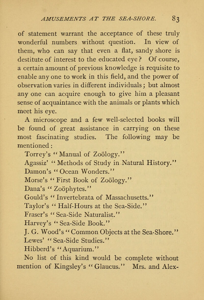 of statement warrant the acceptance of these truly wonderful numbers without question. In view of them, who can say that even a flat, sandy shore is destitute of interest to the educated eye ? Of course, a certain amount of previous knowledge is requisite to enable any one to work in this field, and the power of observation varies in different individuals; but almost any one can acquire enough to give him a pleasant sense of acquaintance with the animals or plants which meet his eye. A microscope and a few well-selected books will be found of great assistance in carrying on these most fascinating studies. The following may be mentioned: Torrey's *'Manual of Zoology. Agassiz'  Methods of Study in Natural History. Damon's Ocean Wonders. Morse's '^ First Book of Zoology. Dana's  Zoophytes. Gould's  Invertebrata of Massachusetts. Taylor's  Half-Hours at the Sea-Side. Fraser's ''Sea-Side Naturalist. Harvey's  Sea-Side Book. J. G. Wood's  Common Objects at the Sea-Shore. Lewes'  Sea-Side Studies. Hibberd's ''Aquarium. No list of this kind would be complete without mention of Kingsley's Glaucus. Mrs. and Alex-