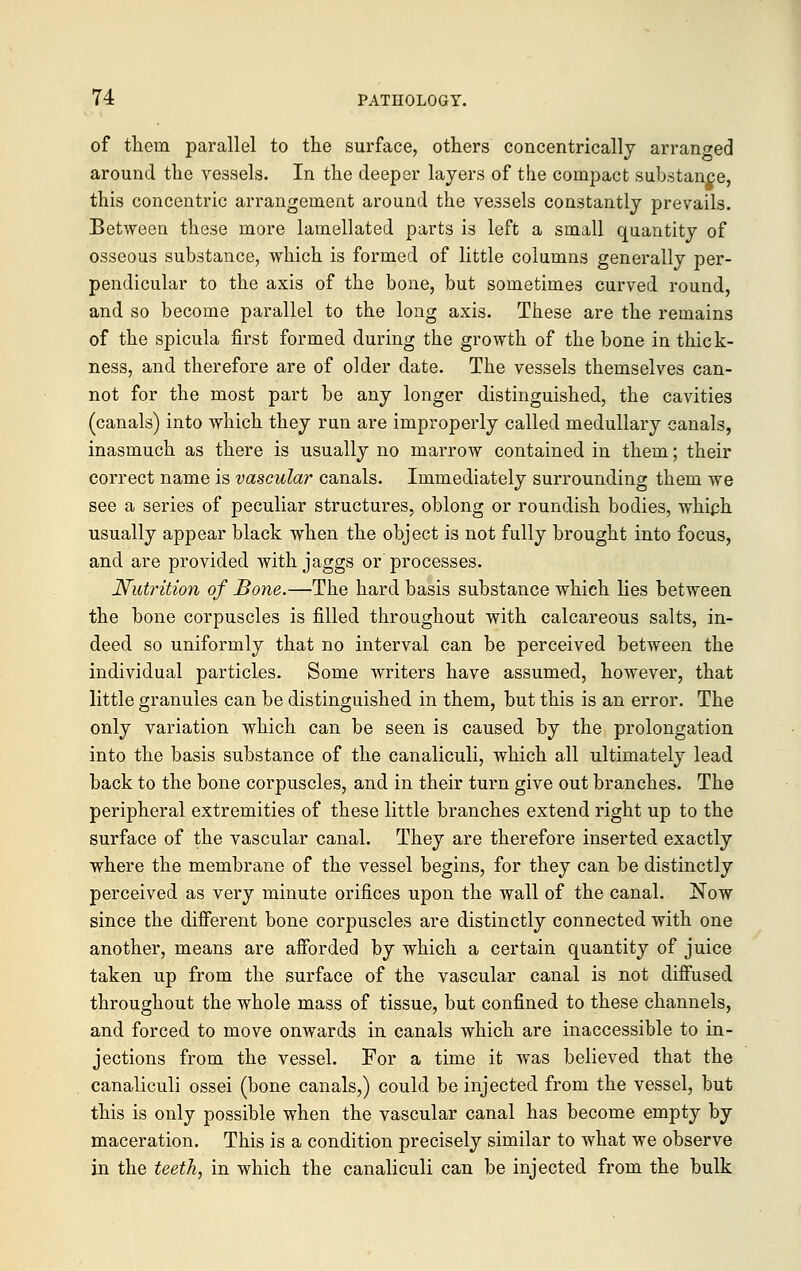of them parallel to the surface, others concentrically arranged around the vessels. In the deeper layers of the compact substance, this concentric arrangement around the vessels constantly prevails. Between these more lamellated parts is left a small quantity of osseous substance, which is formed of little columns generally per- pendicular to the axis of the bone, but sometimes curved round, and so become parallel to the long axis. These are the remains of the spicula first formed during the growth of the bone in thick- ness, and therefore are of older date. The vessels themselves can- not for the most part be any longer distinguished, the cavities (canals) into which they run are improperly called medullary canals, inasmuch as there is usually no marrow contained in them; their correct name is vascular canals. Immediately surrounding them we see a series of peculiar structures, oblong or roundish bodies, whiph usually appear black when the object is not fully brought into focus, and are provided with jaggs or processes. Nutrition of Bone.—The hard basis substance which lies between the bone corpuscles is filled throughout with calcareous salts, in- deed so uniformly that no interval can be perceived between the individual particles. Some writers have assumed, however, that little granules can be distinguished in them, but this is an error. The only variation which can be seen is caused by the prolongation into the basis substance of the canaliculi, which all ultimately lead back to the bone corpuscles, and in their turn give out branches. The peripheral extremities of these little branches extend right up to the surface of the vascular canal. They are therefore inserted exactly where the membrane of the vessel begins, for they can be distinctly perceived as very minute orifices upon the wall of the canal. Now since the different bone corpuscles are distinctly connected with one another, means are afforded by which a certain quantity of juice taken up from the surface of the vascular canal is not diffused throughout the whole mass of tissue, but confined to these channels, and forced to move onwards in canals which are inaccessible to in- jections from the vessel. For a time it was believed that the canaliculi ossei (bone canals,) could be injected from the vessel, but this is only possible when the vascular canal has become empty by maceration. This is a condition precisely similar to what we observe in the teeth, in which the canaliculi can be injected from the bulk