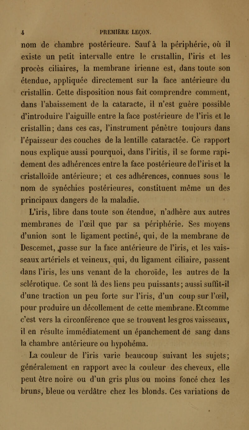 nom de chambre postérieure. Sauf à la périphérie, où il existe un petit intervalle entre le cristallin, l'iris et les procès ciliaires, la membrane irienne est, dans toute son étendue, appliquée directement sur la face antérieure du cristallin. Cette disposition nous fait comprendre comment, dans l'abaissement de la cataracte, il n'est guère possible d'introduire l'aiguille entre la face postérieure de l'iris et le cristallin; dans ces cas, l'instrument pénètre toujours dans l'épaisseur des couches de la lentille cataractée. Ce rapport nous explique aussi pourquoi, dans l'iritis, il se forme rapi- dement des adhérences entre la face postérieure de l'iris et la cristalloïde antérieure; et ces adhérences, connues sous le nom de synéchies postérieures, constituent même un des principaux dangers de la maladie. L'iris, libre dans toute son étendue, n'adhère aux autres membranes de l'œil que par sa périphérie. Ses moyens d'union sont le ligament pectine, qui, de la membrane de Descemet, .passe sur la face antérieure de l'iris, et les vais- seaux artériels et veineux, qui, du ligament ciliaire, passent dans l'iris, les uns venant de la choroïde, les autres de la sclérotique. Ce sont là des liens peu puissants; aussi suffît-il d'une traction un peu forte sur l'iris, d'un coup sur l'œil, pour produire un décollement de cette membrane. Et comme c'est vers la circonférence que se trouvent les gros vaisseaux, il en résulte immédiatement un épanchement de sang dans la chambre antérieure ou hypohéma. La couleur de l'iris varie beaucoup suivant les sujets; généralement en rapport avec la couleur des cheveux, elle peut être noire ou d'un gris plus ou moins foncé chez les bruns, bleue ou verdâtre chez les blonds. Ces variations de