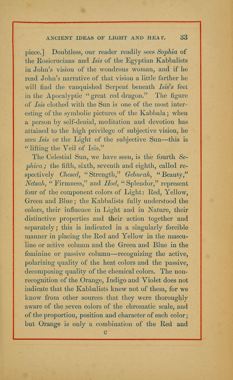 piece.] Doubtless, our reader readily sees Sophia of the Rosicrucians and Isis of the Egyptian Kabbalists in John's vision of the wondrous woman, and if he read John's narrative of that vision a little farther he will find the vanquished Serpent beneath Isis's feet in the Apocalyptic  great red dragon. The figure of Isis clothed with the Sun is one of the most inter- esting of the symbolic pictures of the Kabbala; when a person by self-denial, meditation and devotion has attained to the high privilege of subjective vision, he sees Isis or the Light of the subjective Sun—this is  lifting the Veil of Isis. The Celestial Sun, we have seen, is the fourth Se- pJiira ; the fifth, sixth, seventh and eighth, called re- spectively Chesed,  Strength, Geburah,  Beauty, Netsah,  Firmness, and Hod,  Splendor, represent four of the component colors of Light: Red, Yellow, Green and Blue; the Kabbalists fully understood the colors, their influence in Light and in Nature, their distinctive properties and their action together and separately; this is indicated in a singularly forcible manner in placing the Red and Yellow in the mascu- line or active column and the Green and Blue in the feminine or passive column—recognizing the active, polarizing quality of the heat colors and the passive, decomposing quality of the chemical colors. The non- recognition of the Orange, Indigo and Violet does not indicate that the Kabbalists knew not of them, for we know from other sources that they were thoroughly aware of the seven colors of the chromatic scale, and of the proportion, position and character of each color; but Orange is only a combination of the Red and c