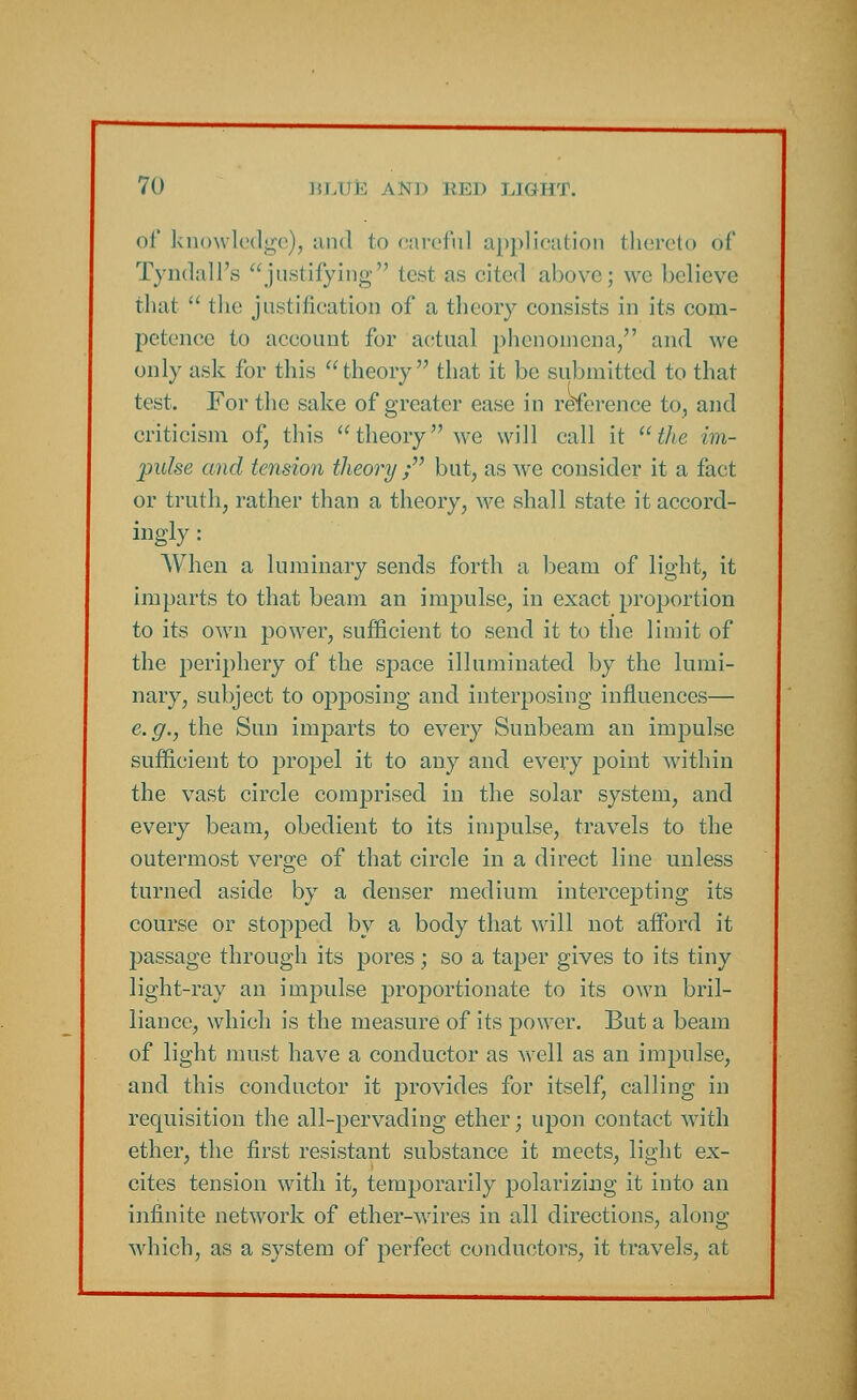 of knowledge), and to careful application (hereto of TyndalPs justifying test as cited above; we believe that  the justification of a theory consists in its com- petence to account for actual phenomena, and we only ask for this theory that it be submitted to that test. For the sake of greater ease in reference to, and criticism of, this theory we will call it the im- pulse and tension theory ; but, as we consider it a fact or truth, rather than a theory, we shall state it accord- ingly : When a luminary sends forth a beam of light, it imparts to that beam an impulse, in exact proportion to its own power, sufficient to send it to the limit of the periphery of the space illuminated by the lumi- nary, subject to opposing and interposing influences— e.g., the Sun imparts to every Sunbeam an impulse sufficient to propel it to any and every point within the vast circle comprised in the solar system, and every beam, obedient to its impulse, travels to the outermost verge of that circle in a direct line unless turned aside by a denser medium intercepting its course or stopped by a body that will not afford it passage through its pores; so a taper gives to its tiny light-ray an impulse proportionate to its own bril- liance, which is the measure of its power. But a beam of light must have a conductor as well as an impulse, and this conductor it provides for itself, calling in requisition the all-pervading ether; upon contact with ether, the first resistant substance it meets, light ex- cites tension with it, temporarily polarizing it into an infinite network of ether-wires in all directions, along which, as a system of perfect conductors, it travels, at