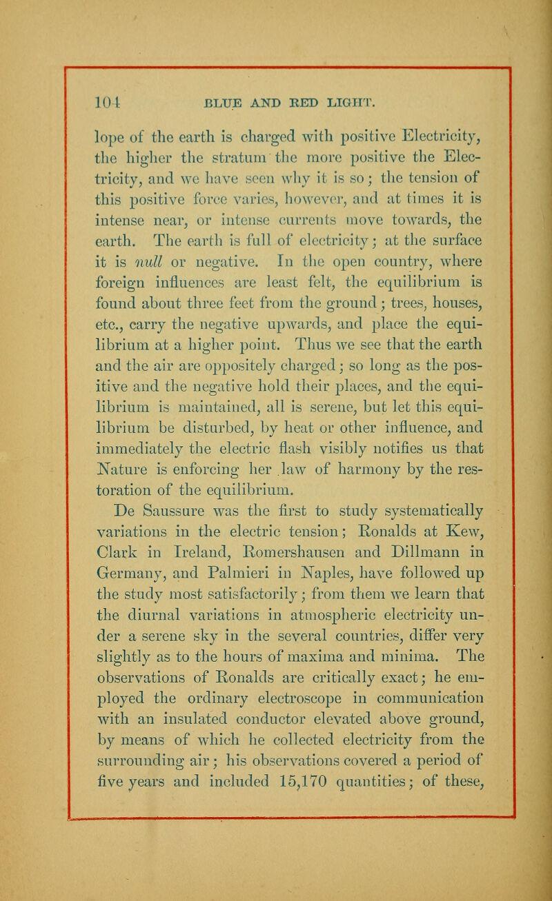 lope of the earth is charged with positive Electricity, the higher the stratum the more positive the Elec- tricity, and we have seen why it is so; the tension of this positive force varies, however, and at times it is intense near, or intense currents move towards, the earth. The earth is full of electricity; at the surface it is null or negative. In the open country, where foreign influences are least felt, the equilibrium is found about three feet from the ground; trees, houses, etc., carry the negative upwards, and place the equi- librium at a higher point. Thus we see that the earth and the air are oppositely charged; so long as the pos- itive and the negative hold their places, and the equi- librium is maintained, all is serene, but let this equi- librium be disturbed, by heat or other influence, and immediately the electric flash visibly notifies us that Nature is enforcing her law of harmony by the res- toration of the equilibrium. De Saussure was the first to study systematically variations in the electric tension; Ronalds at Kew, Clark in Ireland, Romershausen and Dillmann in Germany, and Palmieri in Naples, have followed up the study most satisfactorily; from them we learn that the diurnal variations in atmospheric electricity un- der a serene sky in the several countries, differ very slightly as to the hours of maxima and minima. The observations of Ronalds are critically exact; he em- ployed the ordinary electroscope in communication with an insulated conductor elevated above ground, by means of which he collected electricity from the surrounding air; his observations covered a period of five years and included 15,170 quantities; of these,