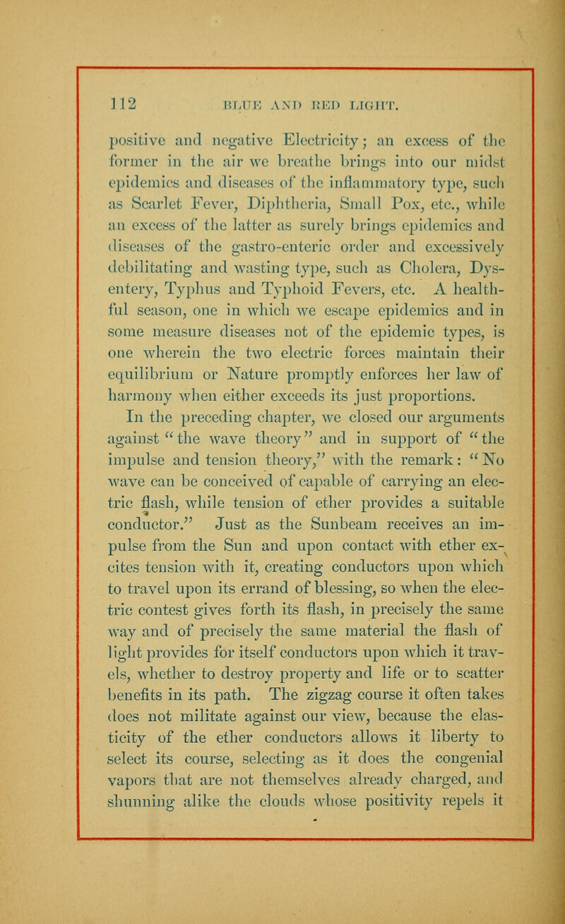 positive and negative Electricity; an excess of the former in the air we breathe brings into our midst epidemics and diseases of the inflammatory type, such as Scarlet Fever, Diphtheria, Small Pox, etc., while an excess of the latter as surely brings epidemics and diseases of the gastroenteric order and excessively debilitating and wasting type, such as Cholera, Dys- entery, Typhus and Typhoid Fevers, etc. A health- ful season, one in which we escape epidemics and in some measure diseases not of the epidemic types, is one wherein the two electric forces maintain their equilibrium or Nature promptly enforces her law of harmony when either exceeds its just proportions. In the preceding chapter, we closed our arguments against the wave theory and in support of the impulse and tension theory, with the remark:  No wave can be conceived of capable of carrying an elec- tric flash, while tension of ether provides a suitable conductor. Just as the Sunbeam receives an im- pulse from the Sun and upon contact with ether ex- cites tension with it, creating conductors upon which to travel upon its errand of blessing, so when the elec- tric contest gives forth its flash, in precisely the same way and of precisely the same material the flash of light provides for itself conductors upon which it trav- els, whether to destroy property and life or to scatter benefits in its path. The zigzag course it often takes does not militate against our view, because the elas- ticity of the ether conductors allows it liberty to select its course, selecting as it does the congenial vapors that are not themselves already charged, and shunning alike the clouds whose positivity repels it