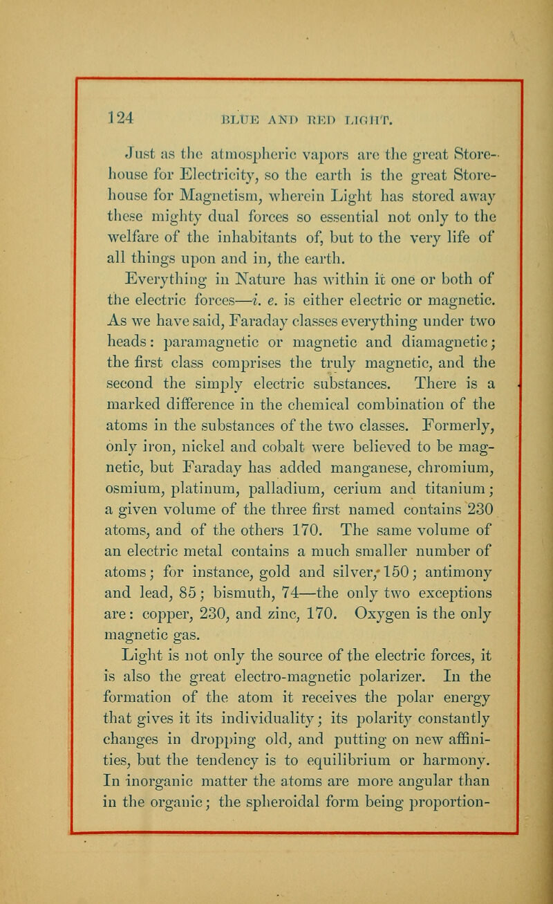 Just as the atmospheric vapors are the great Store- house for Electricity, so the earth is the great Store- house for Magnetism, wherein Light has stored away these mighty dual forces so essential not only to the welfare of the inhabitants of, but to the very life of all things upon and in, the earth. Everything in Nature has within it one or both of the electric forces—i. e. is either electric or magnetic. As we have said, Faraday classes everything under two heads: paramagnetic or magnetic and diamagnetic; the first class comprises the truly magnetic, and the second the simply electric substances. There is a marked difference in the chemical combination of the atoms in the substances of the two classes. Formerly, only iron, nickel and cobalt were believed to be mag- netic, but Faraday has added manganese, chromium, osmium, platinum, palladium, cerium and titanium; a given volume of the three first named contains 230 atoms, and of the others 170. The same volume of an electric metal contains a much smaller number of atoms; for instance, gold and silver,* 150; antimony and lead, 85; bismuth, 74—the only two exceptions are: copper, 230, and zinc, 170. Oxygen is the only magnetic gas. Light is not only the source of the electric forces, it is also the great electro-magnetic polarizer. In the formation of the atom it receives the polar energy that gives it its individuality; its polarity constantly changes in dropping old, and putting on new affini- ties, but the tendency is to equilibrium or harmony. In inorganic matter the atoms are more angular than in the organic; the spheroidal form being proportion-