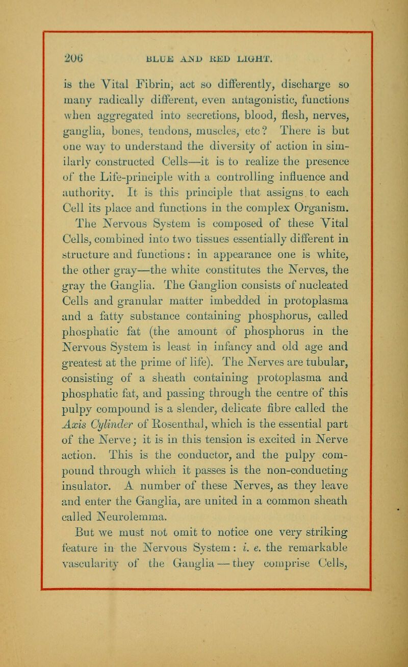 206* tiLUK AJSD KKD LIGHT. is the Vital Fibrin, act so differently, discharge so many radically different, even antagonistic, functions when aggregated into secretions, blood, flesh, nerves, ganglia, bones, tendons, muscles, etc? There is but one way to understand the diversity of action in sim- ilarly constructed Cells—it is to realize the presence of the Life-principle with a controlling influence and authority. It is this principle that assigns, to each Cell its place and functions in the complex Organism. The Nervous System is composed of these Vital Cells, combined into two tissues essentially different in structure and functions: in appearance one is white, the other gray—the white constitutes the Nerves, the gray the Ganglia. The Ganglion consists of nucleated Cells and granular matter imbedded in protoplasma and a fatty substance containing phosphorus, called phosphatic fat (the amount of phosphorus in the Nervous System is least in infancy and old age and greatest at the prime of life). The Nerves are tubular, consisting of a sheath containing protoplasnia and phosphatic fat, and passing through the centre of this pulpy compound is a slender, delicate fibre called the Axis Cylinder of Rosenthal, which is the essential part of the Nerve; it is in this tension is excited in Nerve action. This is the conductor, and the pulpy com- pound through which it passes is the non-conducting insulator. A number of these Nerves, as they leave and enter the Ganglia, are united in a common sheath called Neurolemma. But we must not omit to notice one very striking feature in the Nervous System: i. e. the remarkable vascularity of the Ganglia — they comprise Cells,