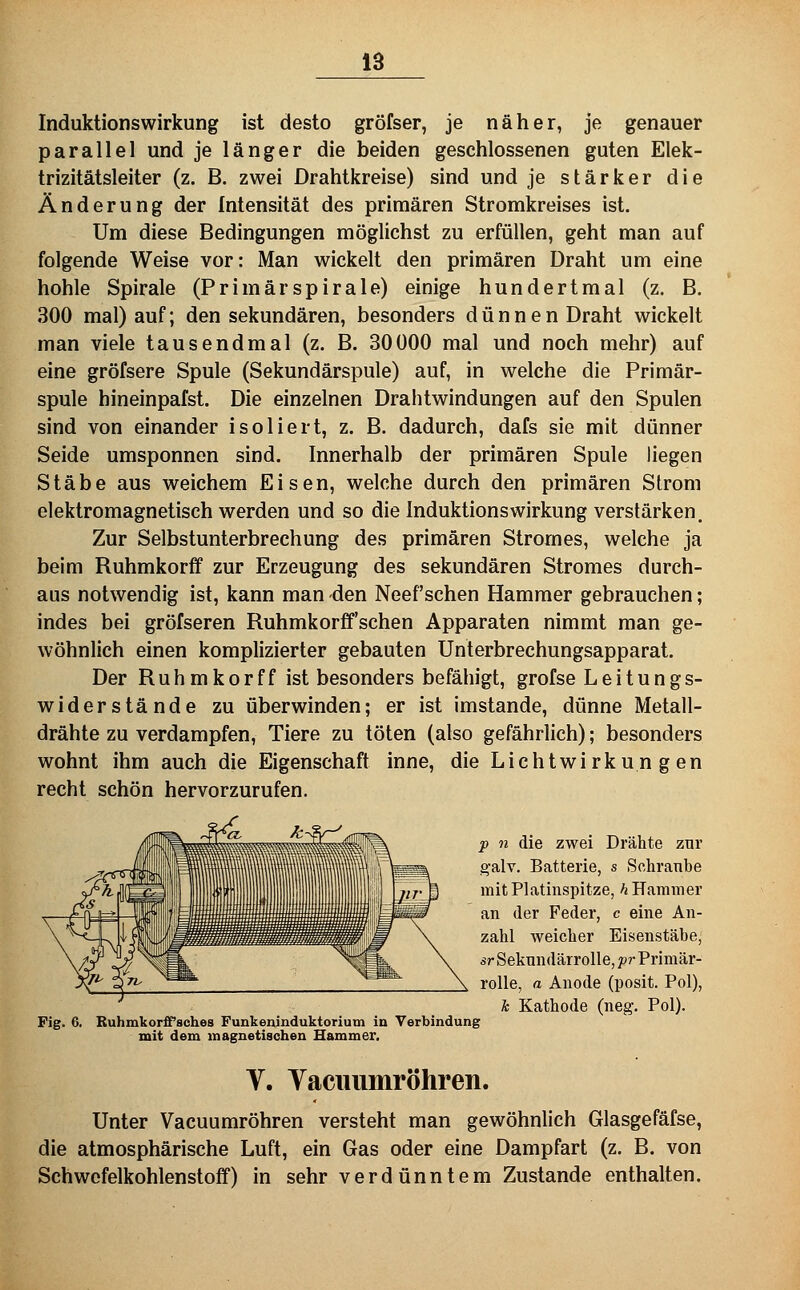 Induktionswirkung ist desto gröfser, je näher, je genauer parallel und je länger die beiden geschlossenen guten Elek- trizitätsleiter (z. B. zwei Drahtkreise) sind und je stärker die Änderung der Intensität des primären Stromkreises ist. Um diese Bedingungen möglichst zu erfüllen, geht man auf folgende Weise vor: Man wickelt den primären Draht um eine hohle Spirale (Primärspirale) einige hundertmal (z. B. 300 mal) auf; den sekundären, besonders dünnen Draht wickelt man viele tausendmal (z. B. 30000 mal und noch mehr) auf eine gröfsere Spule (Sekundärspule) auf, in welche die Primär- spule hineinpafst. Die einzelnen Drahtwindungen auf den Spulen sind von einander isoliert, z. B. dadurch, dafs sie mit dünner Seide umsponnen sind. Innerhalb der primären Spule liegen Stäbe aus weichem Eisen, welche durch den primären Strom elektromagnetisch werden und so die InduktionsWirkung verstärken. Zur Selbstunterbrechung des primären Stromes, welche ja beim Ruhmkorff zur Erzeugung des sekundären Stromes durch- aus notwendig ist, kann man den Neef'schen Hammer gebrauchen; indes bei gröfseren Ruhmkorff'schen Apparaten nimmt man ge- wöhnlich einen komplizierter gebauten Unterbrechungsapparat. Der Ruhmkorff ist besonders befähigt, grofse Leitungs- widerstände zu überwinden; er ist imstande, dünne Metall- drähte zu verdampfen, Tiere zu töten (also gefährlich); besonders wohnt ihm auch die Eigenschaft inne, die Lichtwirkungen recht schön hervorzurufen. p n die zwei Drähte znr galv. Batterie, s Schraube mit Platinspitze, ^Hammer an der Feder, c eine An- zahl weicher Eisenstäbe, sr Sekundärrolle, pr Primär- rolle, a Anode (posit. Pol), k Kathode (neg. Pol). Fig. 6. RuhmkorfTsches Funkeninduktorium in Verbindung mit dem magnetischen Hammer. V. Yacimmröhren. Unter Vacuumröhren versteht man gewöhnlich Glasgefäfse, die atmosphärische Luft, ein Gas oder eine Dampfart (z. B. von Schwofelkohlenstoff) in sehr verdünntem Zustande enthalten.