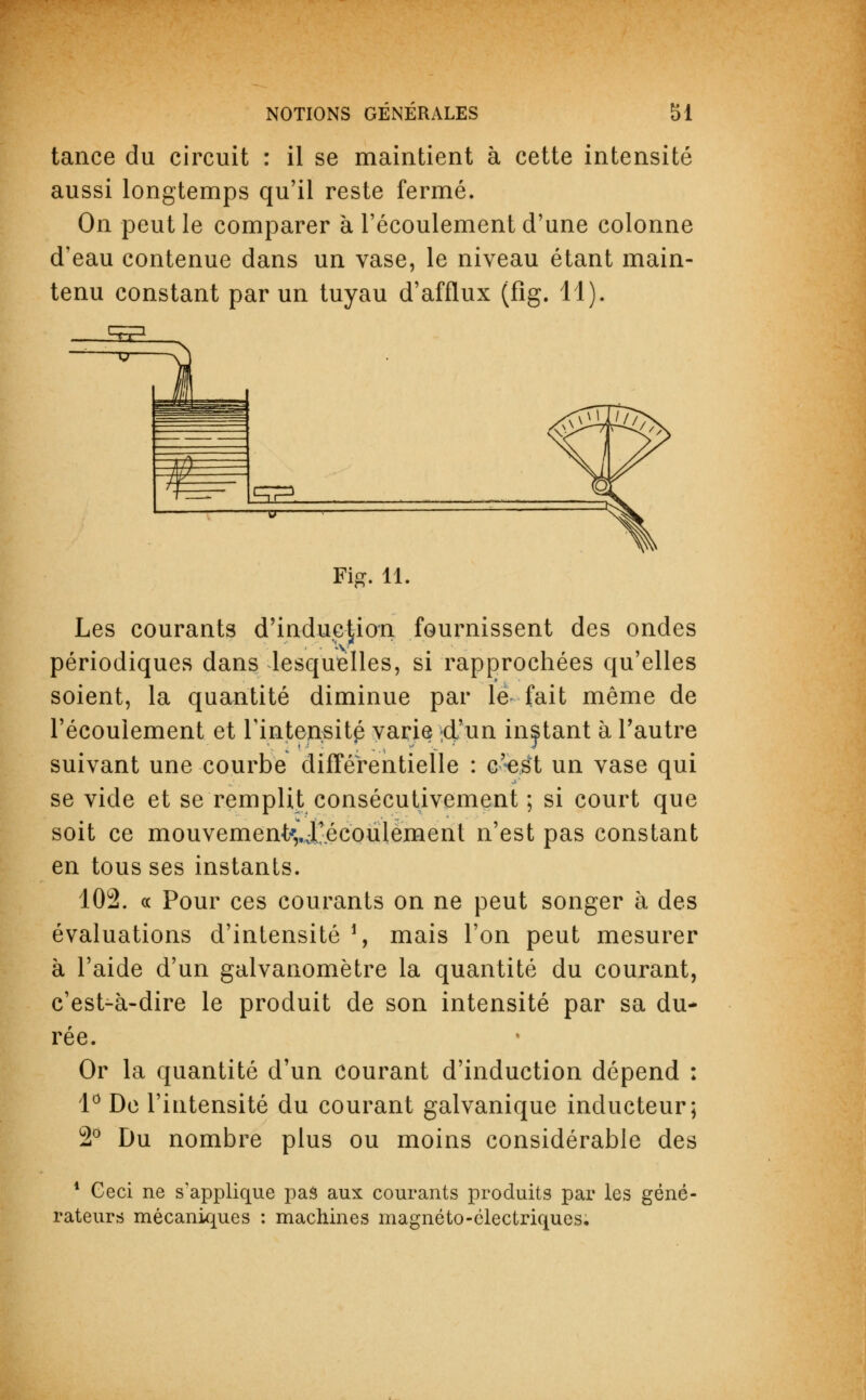 tance du circuit : il se maintient à cette intensité aussi longtemps qu'il reste fermé. On peut le comparer à l'écoulement d'une colonne d'eau contenue dans un vase, le niveau étant main- tenu constant par un tuyau d'afflux (fig. 11). SB se. Fig. 11. Les courants d'induction fournissent des ondes périodiques dans lesquelles, si rapprochées qu'elles soient, la quantité diminue par le fait même de l'écoulement et l'intensité varie 4'un instant à l'autre suivant une courbe différentielle : c'-est un vase qui se vide et se remplit consécutivement ; si court que soit ce mouvement*,I;écoulement n'est pas constant en tous ses instants. 102. « Pour ces courants on ne peut songer à des évaluations d'intensité *, mais l'on peut mesurer à l'aide d'un galvanomètre la quantité du courant, c'est-à-dire le produit de son intensité par sa du- rée. Or la quantité d'un courant d'induction dépend : 1° De l'intensité du courant galvanique inducteur; 2° Du nombre plus ou moins considérable des 1 Ceci ne s'applique pas aux courants produits par les géné- rateurs mécaniques : machines magnéto-électriques.