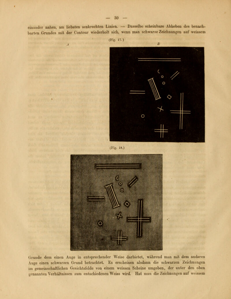 einander nahen, am liebsten senkrechten Linien. — Dasselbe scheinbare Abheben des benach- barten Grundes mit der Contour wiederholt sich, wenn man schwarze Zeichnungen auf weissem (Fig. 17.) (Fig. 18.) Grunde dem einen Auge in entsprechender Weise darbietet, während man mit dem anderen Auge einen schwarzen Grund betrachtet. Es erscheinen alsdann die schwarzen Zeichnungen im gemeinschaftlichen Gesichtsfelde von einem weissen Scheine umgeben, der unter den oben genannten Verhältnissen zum entschiedenen Weiss wird. Hat man die Zeichnungen auf weissem