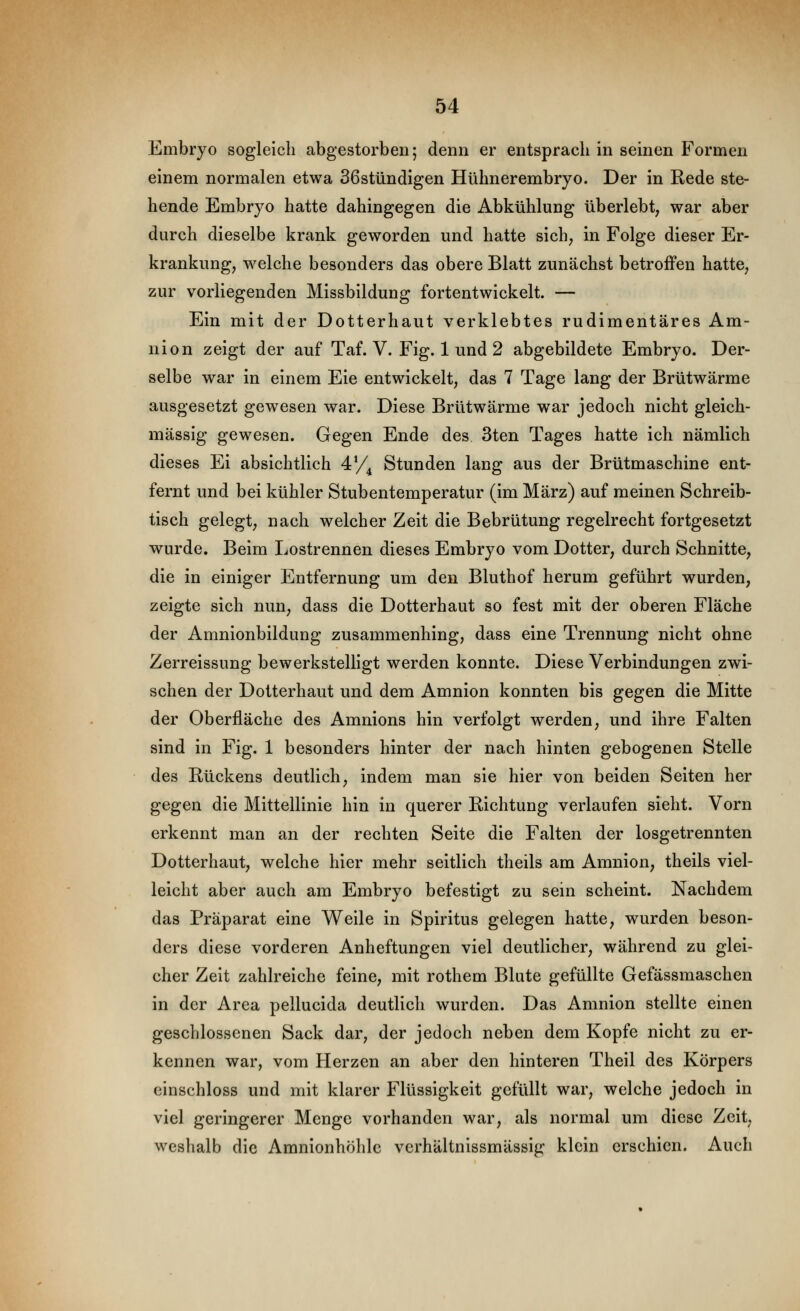 Embryo sogleich abgestorben; denn er entsprach in seinen Formen einem normalen etwa 36stündigen Hühnerembryo. Der in Rede ste- hende Embryo hatte dahingegen die Abkühlung überlebt, war aber durch dieselbe krank geworden und hatte sich, in Folge dieser Er- krankung, welche besonders das obere Blatt zunächst betroffen hatte, zur vorliegenden Missbildung fortentwickelt. — Ein mit der Dotterhaut verklebtes rudimentäres Am- nion zeigt der auf Taf. V. Fig. 1 und 2 abgebildete Embryo. Der- selbe war in einem Eie entwickelt, das 7 Tage lang der Brütwärme ausgesetzt gewesen war. Diese Brütwärme war jedoch nicht gleich- massig gewesen. Gegen Ende des 3ten Tages hatte ich nämlich dieses Ei absichtlich 4*/^ Stunden lang aus der Brütmaschine ent- fernt und bei kühler Stubentemperatur (im März) auf meinen Schreib- tisch gelegt, nach welcher Zeit die Bebrütung regelrecht fortgesetzt wurde. Beim Lostrennen dieses Embryo vom Dotter, durch Schnitte, die in einiger Entfernung um den Bluthof herum geführt wurden, zeigte sich nun, dass die Dotterhaut so fest mit der oberen Fläche der Amnlonbildung zusammenhing, dass eine Trennung nicht ohne Zerreissung bewerkstelligt werden konnte. Diese Verbindungen zwi- schen der Dotterhaut und dem Amnion konnten bis gegen die Mitte der Oberfläche des Amnions hin verfolgt werden, und ihre Falten sind in Fig. 1 besonders hinter der nach hinten gebogenen Stelle des Rückens deutlich, indem man sie hier von beiden Seiten her gegen die Mittellinie hin in querer Richtung verlaufen sieht. Vorn erkennt man an der rechten Seite die Falten der losgetrennten Dotterhaut, welche hier mehr seitlich theils am Amnion, theils viel- leicht aber auch am Embryo befestigt zu sein scheint. Nachdem das Präparat eine Weile in Spiritus gelegen hatte, wurden beson- ders diese vorderen Anheftungen viel deutlicher, während zu glei- cher Zeit zahlreiche feine, mit rothem Blute gefüllte Gefässmaschen in der Area pellucida deutlich wurden. Das Amnion stellte einen geschlossenen Sack dar, der jedoch neben dem Kopfe nicht zu er- kennen war, vom Herzen an aber den hinteren Theil des Körpers einschloss und mit klarer Flüssigkeit gefüllt war, welche jedoch in viel geringerer Menge vorhanden war, als normal um diese Zeit, weshalb die Amnionhöhlc verhältnissmässig klein erschien. Auch