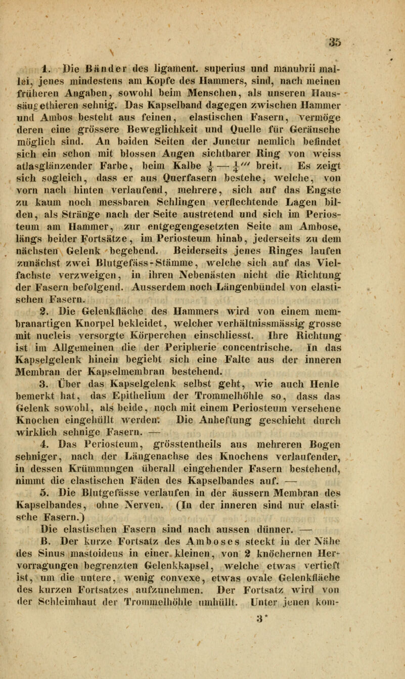 \ 1. Die Bänder des ligament. superius und manubrii mal- löi, jenes mindestens am Kopfe des Hammers, sind, nach meinen früheren Angaben, sowohl beim Mensehen, als unseren Haus- säue ethieren sehnig. Das Kapselband dagegen zwischen Hammer und Ambos besteht aus feinen, elastischen Fasern, vermöge deren eine grössere Beweglichkeit und Quelle für Geräusche möglich sind. An baiden Seiten der Junctur nemlich befindet sich ein schon mit blossen Augen sichtbarer Ring von weiss atlasglänzender Farbe, beim Kalbe |—\' breit. Es zeigt sich sogleich, dass er aus Querfasern bestehe, welche, von vorn nach hinten verlaufend, mehrere, sich auf das Engste zu kaum noch messbaren Schlingen verflechtende Lagen bil- den , als Stränge nach der Seite austretend und sich im Perios- teum am Hammer, zur entgegengesetzten Seite am Ambose, längs beider Fortsätze, im Periosteum hinab, jederseits zudem nächsten Gelenk begebend. Beiderseits jenes Ringes laufen zunächst zwei Blutgefäss - Stämme, welche sich auf das Viel- fachste verzweigen, in ihren Nebenästen nicht die Richtung der Fasern befolgend. Ausserdem noch Längenbündel von elasti- schen Fasern. 2. Die Gelenkfläche des Hammers wird von einem mem- branartigen Knorpel bekleidet, welcher verhältnissmässig grosse mit nucleis versorgte Körperchen einschliesst. Ihre Richtung ist im Allgemeinen die der Peripherie concentrische. In das Kapselgelenk hinein begiebt sich eine Falte aus der inneren Membran der Kapselmembran bestehend. 3. Über das Kapselgelenk selbst geht, wie auch Henle bemerkt hat, das Epithelium der Trommelhöhle so, dass das Gelenk sowohl, als beide, noch mit einem Periosteum versehene Knochen eingehüllt werden'. Die Anheftung geschieht durch wirklich sehnige Fasern. — 4. Das Periosteum, grösstentheils aus mehreren Bogen sehniger, nach der Längenachse des Knochens verlaufender, in dessen Krümmungen überall eingehender Fasern bestehend, nimmt die elastischen Fäden des Kapselbandes auf. — 5. Die Blutgefässe verlaufen in der äussern Membran des Kapselbandes, ohne Nerven. (In der inneren sind nur elasti- sche Fasern.) Die elastischen Fasern sind nach aussen dünner. — ß. Der kurze Fortsatz des Amboses steckt in der Nähe des Sinus mastoideus in einer kleinen, von 2 knöchernen Her- vorragungen begrenzten Gelenkkapsel, welche etwas vertieft ist, um die untere, wenig convexe, etwas ovale Gelenkfläche des kurzen Fortsatzes aufzunehmen. Der Fortsatz wird von der Schleimhaut der Trommelhöhle umhüllt. Unter jenen kom- 3*