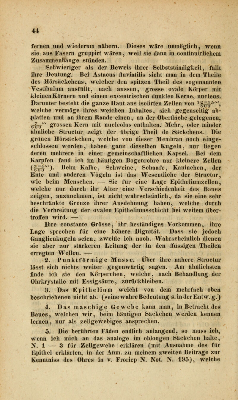 fernen und wiederum nähern. Dieses wäre unmöglich, wenn sie aus Fasern gruppirt wären, weil sie dann in continuirlichein Zusammenhange stünden. Schwieriger als der Beweis ihrer Selbstständigkeit, fällt ihre Deutung. Bei Astacus fluviatilis sieht man in dem Theile des Hörsäckchens, welcher den spitzen Theil des sogenannten Vestibulum ausfüllt, nach aussen, grosse ovale Körper mit «kleinen Körnern und einem excentrischen dunklen Kerne, nucleus. Darunter besteht die ganze Haut aus isolirten Zellen von 1|^5///, welche vermöge ihres weichen Inhaltes, sich gegenseitig ab- platten und an ihrem Rande einen, an der Oberfläche gelegenen, stfö' grossen Kern mit nucleolus enthalten. Mehr, oder minder ähnliche Structur zeigt der übrige Theil de Säckchens. Die grünen Hörsäckchen, welche von dieser Membran noch einge- schlossen werden, haben ganz dieselben Kugeln, nur liegen deren mehrere in einer gemeinschaftlichen Kapsel. Bei dem Karpfen fand ich im häutigen Bogenrohre nur kleinere Zellen Ciniro')- Be™ Kalbe, Schweine, Schaafe, Kaninchen, der Ente und anderen Vögeln ist das Wesentliche der Structur, wie beim Menschen. — Sie für eine Lage Epitheliumzellen, welche nur durch ihr Alter eine Verschiedenheit des Baues zeigen, anzunehmen, ist nicht wahrscheinlich, da sie eine sehr beschränkte Grenze ihrer Ausdehnung haben, welche durch die Verbreitung der ovalen Epitheliumsschicht bei weitem über- troffen wird. — Ihre constante Grösse, ihr beständiges Vorkommen, ihre Lage sprechen für eine höhere Dignität. Dass sie jedoch Ganglienkugeln seien, zweifle ich noch. Wahrscheinlich dienen sie aber zur stärkeren Leitung der in den ffüssigen Theilen erregten Wellen. — 2. Punktförmige Masse. Über ihre nähere Structur lässt sich nichts weiter gegenwärtig sagen. Am ähnlichsten finde ich sie den Körperchen, welche, nach Behandlung der Ohrkrystalle mit Essigsäure, zurückbleiben. 3. Das Epithelium weicht von dem mehrfach oben beschriebenen nicht ab. (seine wahre Bedeutung s. in der Entw. g.) 4. Das maschige Gewebe kann man, in Betracht des Baues, welchen wir, beim häutigen Säckchen werden kennen lernen, nur als zellgewebiges ansprechen. 6. Die berührten Fäden endlich anlangend, so muss ich, wenn ich mich an das analoge im oblongen Säckchen halte, N. 1 — 3 für Zellgewebe erklären (mit Ausnahme des für Epithel erklärten, in der Anm. zu meinem zweiten Beitrage zur Kenntniss des Ohres in v. Froriep N. Not. N. 195), welche