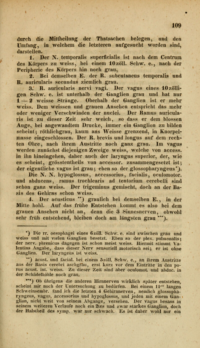 durch die Mittheilung der Thatsachen belegen, und den Umfang, in welchem die letzteren aufgesucht worden sind, darstellen. 1. Der N. temporalis superficialis ist nach dem Centrum des Körpers zu weiss, bei einem 10zoll. Schw. e., nach der Peripherie des Körpers hin noch grau, 2. Bei demselben E. der R. subcutaneus temporalis und R. auricularis secundus ziemlich grau. 3.' R. auricularis nervi vagi. Der vagus eines 10 zölli- gen Schw. e. ist unterhalb der Ganglien grau und hat nur 1 — 2 weisse Stränge. Oberhalb der Ganglien ist er mehr weiss. Dem weissen und grauen Ansehen entspricht das mehr oder weniger Verschwinden der nuclei. Der Ramus auricula- ris ist zu dieser Zeit sehr weich, so dass er dem blossen Auge, bei angewandtem Drucke, immer ein Ganglion zu bilden scheint; röthlichgrau, kaum ans Weisse grenzend, in Knorpel- masse eingeschlossen. Der R. brevis und longus auf dem rech- ten Ohre, nach ihrem Austritte noch ganz grau. Im vagus werden zunächst diejenigen Zweige weiss, welche von access. in ihn hineingehen, daher auch der laryngus superior, der, wie es scheint, grösstenteils von accessor. zusammengesetzt ist; der eigentliche vagus ist grau; eben so der glossopharyngeus*). Die N. N. hypoglossus, accessorius, facialis, oculomotor. und abducens, ramus trochlearis ad tentorium cerebelli sind schon ganz weiss. Der trigeminus gemischt, doch an der Ba- sis des Gehirns schon weiss. 4. Der acusticus **) graulich bei demselben E., in der Mitte hohl. Auf das frühe Entstehen kommt es also bei dem grauen Ansehen nicht an, denn die 3 Sinnesnerven, obwohl sehr früh entstehend, bleiben doch am längsten grau ***). *) Die rr. oesophagei eines 6zoll. Schw. e. sind zwischen grau und weiss und mit vielen Ganglien besetzt. Eben so der plex. pulmonalis; der nerv, phrenicus dagegen ist schon meist weiss. Hiermit stimmt Va- lentins Angabe, dass dieser Nerv sensoriell motorisch sei; er ist ohne Ganglien. Der laryngeus ist weiss. **) acust. und facial. bei einem 5zöll. Schw. e., an ihrem Austritte aus der Basis cerebri aschgrau, erst kurz vor dem Eintritte in den po~ rus acust. int. weiss. Zu dieser Zeit sind aber oculomot. und abduc. in der Schädelhöhle noch grau. ***) Ob übrigens die anderen Hirnnerven wirklich später entstehen, scheint mir noch der Untersuchung zu bedürfen. Bei einem 11' langen Schweinsembr. fand ich die letzten 4 Gehirnnerven, nemlich glossopha- ryngeus, vagus, accessorius und hypoglossus, und jeden mit einem Gan- glion, nicht weit von seinem Abgange, versehen. Der vagus besass in seinem weiteren Verlaufe nocli ein 2tes und zwar starkes Ganglion, doch der Halstheil des symp. war nur schwach. Es ist daher wohl nur ein