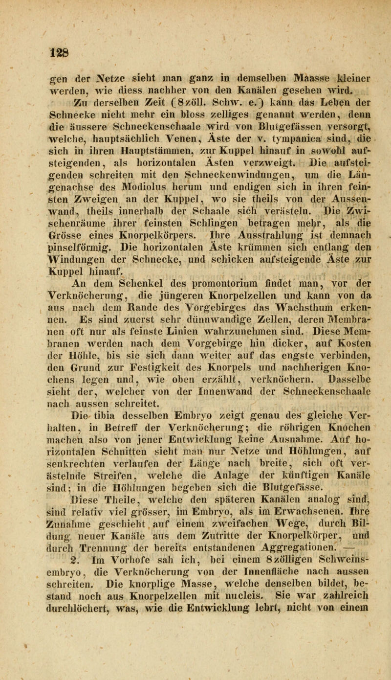 gen der Netze sieht man ganz in demselben Maasse kleiner werden, wie diess nachher von den Kanälen gesehen wird. Zu derselben Zeit (8 zoll. Schw. e.) kann das Leben der Schnecke nicht mehr ein bloss zelliges genannt werden, denn die äussere Schneckenschaale wird von Blutgefässen versorgt, welche, hauptsächlich Venen, Äste der v. tympanica sind, die sich in ihren Hauptstämmen, zur Kuppel hinauf in sowohl auf- steigenden, als horizontalen Ästen verzweigt. Die aufstei- genden schreiten mit den Schneckenwindungen, um die Län- genachse des Modiolus herum und endigen sich in ihren fein- sten Zweigen an der Kuppel, wo sie theils von der Aussen- wand, theils innerhalb der Schaale sich verästeln. Die Zwi- schenräume ihrer feinsten Schlingen betragen mehr, als die Grösse eines Knorpelkörpers. Ihre Ausstrahlung ist demnach pinselförmig. Die horizontalen Äste krümmen sich entlang den Windungen der Schnecke, und schicken aufsteigende Äste zur Kuppel hinauf. An dem Schenkel des Promontorium findet man, vor der Verknöcherung, die jüngeren Knorpelzellen und kann von da aus nach dem Rande des Vorgebirges das Wachsthum erken- nen. Es sind zuerst sehr dünnwandige Zellen, deren Membra- nen oft nur als feinste Linien wahrzunehmen sind. Diese Mem- branen werden nach dem Vorgebirge hin dicker, auf Kosten der Höhle, bis sie sich dann weiter auf das engste verbinden, den Grund zur Festigkeit des Knorpels und nachherigen Kno- chens legen und, wie oben erzählt, verknöchern. Dasselbe sieht der, welcher von der Innenwand der Schneckenschaale nach aussen schreitet. Die tibia desselben Embryo zeigt genau des gleiche Ver- halten, in Betreif der Verknöcherung; die röhrigen Knochen machen also von jener Entwicklung keine Ausnahme. Auf ho- rizontalen Schnitten sieht man nur Netze und Höhlungen, auf senkrechten verlaufen der Länge nach breite, sich oft ver- ästelnde Streifen, welche die Anlage der künftigen Kanäle sind; in die Höhlungen begeben sich die Blutgefässe. Diese Theile, welche den späteren Kanälen analog sind, sind relativ viel grösser, im Embryo, als im Erwachsenen. Ihre Zunahme geschieht auf einem zweifachen Wege^ durch Bil- dung neuer Kanäle aus dem Zutritte der Knorpelkörper, und durch Trennung der bereits entstandenen Aggregationen. — 2. Im Vorhofe sah ich, bei einem 8zölligen Schweins- embryo, die Verknöcherung von der Innenfläche nach aussen schreiten. Die knorplige Masse, welche denselben bildet, be- stand noch aus Knorpelzellen mit nucleis. Sie war zahlreich durchlöchert, was, wie die Entwicklung lehrt, nicht von einein