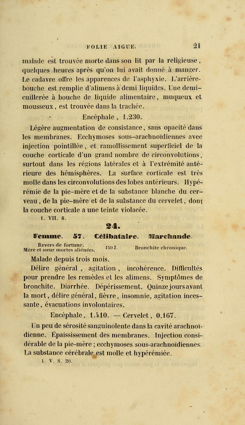 malade est trouvée morte dans son lit par la religieuse , quelques heures après qu'on lui avait donné à manger. Le cadavre offre les apparences de Tasphyxie. L'arrière- bouche est remplie d'alimens à demi liquides. Une demi- cuillerée à bouche de liquide alimentaire, muqueux et mousseux, est trouvée dans la trachée. Encéphale , 1.230. Légère augmentation de consistance, sans opacité dans les membranes. Ecchymoses sous-arachnoïdiennes avec injection pointillée, et ramollissement superficiel de la couche corticale d'un grand nombre de circonvolutions, surtout dans les régions latérales et à l'extrémité anté- rieure des hémisphères. La surface corticale est très molle dans les circonvolutions des lobes antérieurs. Hypé- rémie de la pie-mère et de la substance blanche du cer- veau , de la pie-mère et de la substance du cervelet, dont la couche corticale a une teinte violacée. 1. VIT. 8. femme. 57. Célibata9«*c. MarclB»Bide. Revers de fortune. r^r. t t> u-. i_ Mère et sœur mortes aliénées. '^« ^- Bronchite chronique. Malade depuis trois mois. Délire général , agitation , incohérence. Difiicultés pour prendre les remèdes et les alimens. Symptômes de bronchite. Diarrhée. Dépérissement. Quinze jours avant la mort^ délire général, fièvre, insomnie, agitation inces- sante, évacuations involontaires. Encéphale, l.ilO. —Cervelet, 0.167. Un peu de sérosité sanguinolente dans la cavité arachnoï- dienne. Épaississement des membranes. Injection consi- dérable de la pie-mère ; ecchymoses sous-arachnoïdiennes. La substance cérébrale est molle et hypérémiée.