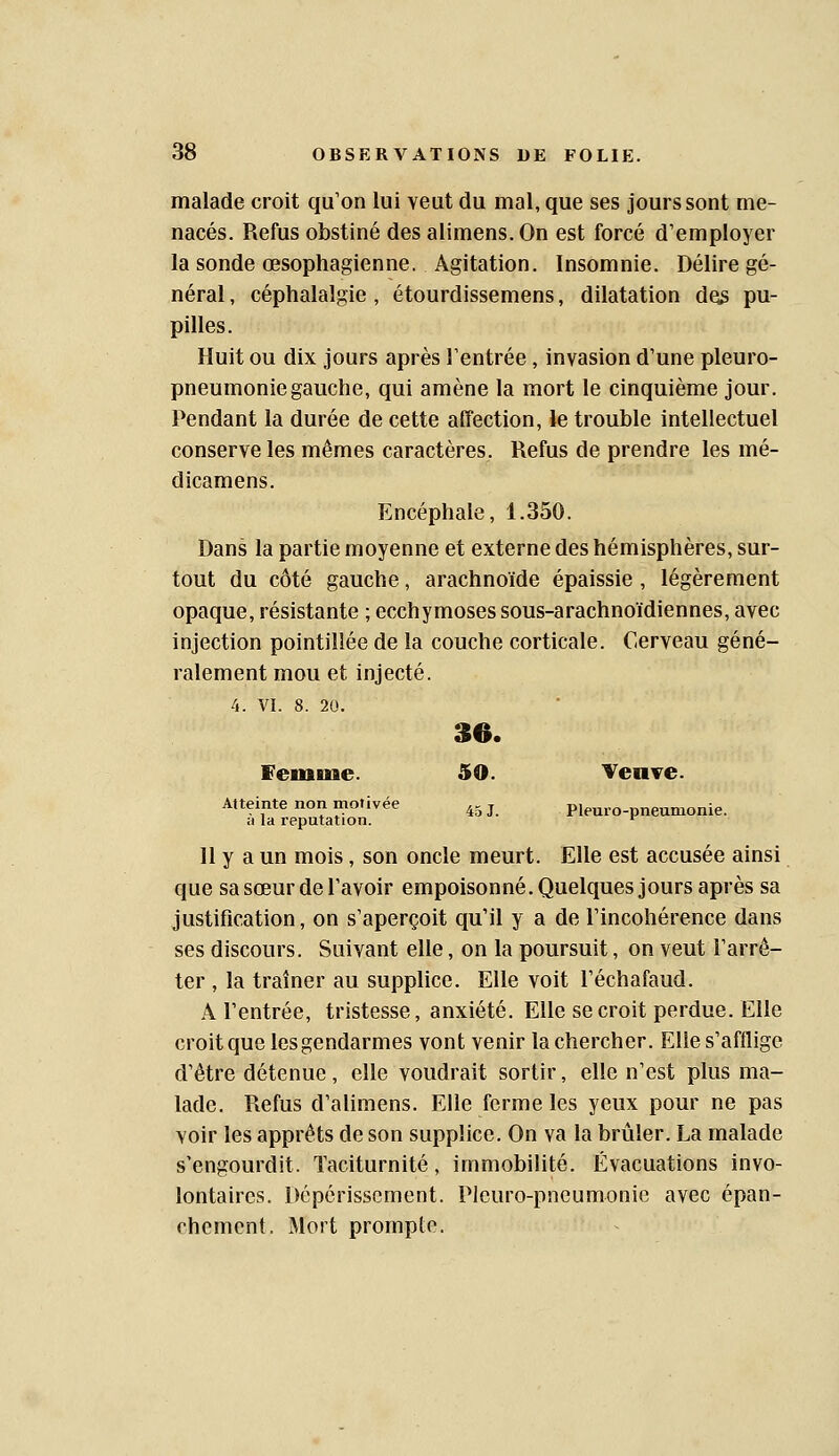 malade croit qu'on lui veut du mal, que ses jours sont me- nacés. Refus obstiné des alimens.On est forcé d'employer la sonde œsophagienne. Agitation. Insomnie. Délire gé- néral , céphalalgie , étourdissemens, dilatation des pu- pilles. Huit ou dix jours après l'entrée, invasion d'une pleure- pneumonie gauche, qui amène la mort le cinquième jour. Pendant la durée de cette affection, le trouble intellectuel conserve les mêmes caractères. Refus de prendre les mé- dicamens. Encéphale, 1.350. Dans la partie moyenne et externe des hémisphères, sur- tout du côté gauche, arachnoïde épaissie , légèrement opaque, résistante ; ecchymoses sous-arachnoïdiennes, avec injection pointillée de la couche corticale. Cerveau géné- ralement mou et injecté. 4. VI. 8. 20. 36. femme. 50. Yenve. Atteinte non motivée ^5 j Pleuro-pneumonie. ;i la réputation. '^ 11 y a un mois, son oncle meurt. Elle est accusée ainsi que sa sœur de l'avoir empoisonné. Quelques jours après sa justification, on s'aperçoit qu'il y a de l'incohérence dans ses discours. Suivant elle, on la poursuit, on veut l'arrê- ter , la traîner au supplice. Elle voit l'échafaud. A l'entrée, tristesse, anxiété. Elle se croit perdue. Elle croit que les gendarmes vont venir la chercher. Elle s'afflige d'être détenue, elle voudrait sortir, elle n'est plus ma- lade. Refus d'alimens. Elle ferme les yeux pour ne pas voir les apprêts de son supplice. On va la brûler. La malade s'engourdit. ïaciturnité, immobilité. Évacuations invo- lontaires. Dépérissement. Pleuro-pneumonie avec épan- chement. Mort prompte.