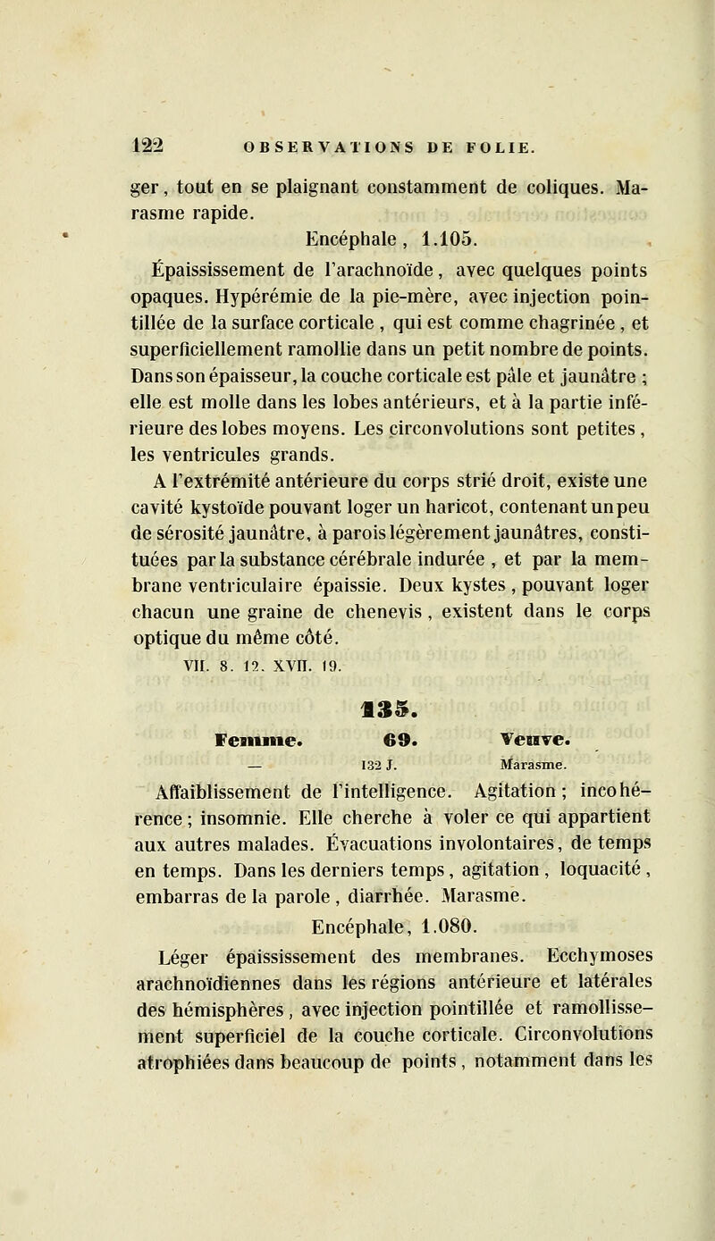 ger, tout en se plaignant constamment de coliques. Ma- rasme rapide. Encéphale, 1.105. Épaississement de l'arachnoïde, avec quelques points opaques. Hypérémie de la pie-mère, avec injection poin- tillée de la surface corticale , qui est comme chagrinée , et superficiellement ramollie dans un petit nombre de points. Dans son épaisseur, la couche corticale est pâle et jaunâtre ; elle est molle dans les lobes antérieurs, et à la partie infé- rieure des lobes moyens. Les circonvolutions sont petites , les ventricules grands. A l'extrémité antérieure du corps strié droit, existe une cavité kystoïde pouvant loger un haricot, contenant unpeu de sérosité jaunâtre, à parois légèrement jaunâtres, consti- tuées par la substance cérébrale indurée , et par la mem- brane ventriculaire épaissie. Deux kystes , pouvant loger chacun une graine de chenevis, existent dans le corps optique du même côté. VII. 8. 12. XVII. 19. tS5. Femme. 69. Veœrve. — 132 J. Marasme. Affaiblissement de l'intelligence. Agitation ; incohé- rence ; insomnie. Elle cherche à voler ce qui appartient aux autres malades. Évacuations involontaires, de temps en temps. Dans les derniers temps, agitation , loquacité , embarras de la parole , diarrhée. Marasme. Encéphale, 1.080. Léger épaississement des membranes. Ecchymoses afachnoïdiennes dans les régions antérieure et latérales des hémisphères, avec injection pointillée et ramollisse- ment superficiel de la couche corticale. Circonvolutions atrophiées dans beaucoup de points, notamment dans les