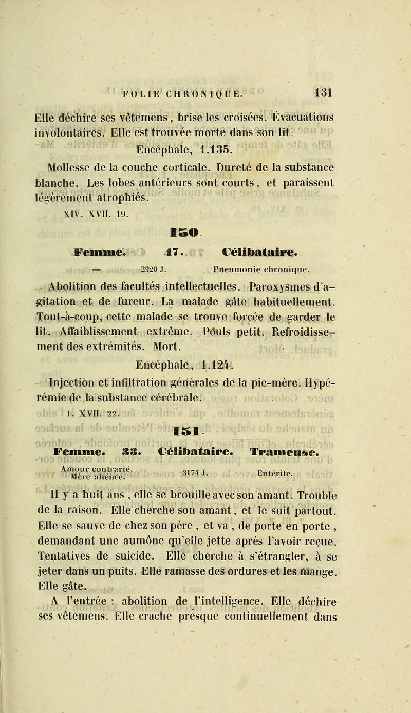 Elle déchire ses vêtemens, brise les croisées. Évacuations involontaires. Elle est trouvée morte dans son lit. Encéphale, 1.135. Mollesse de la couche corticale. Dureté de la substance blanche. Les lobes antérieurs sont courts, et paraissent légèrement atrophiés. XIV. XVII. 19. ISO Feiniiie. 47. Célibataire. — id-IO J. Pneumonie chronique. _. Abolition des facultés intellectuelles. Paroxysmes d'a- gitation et de fureur. La malade gâte habituellement. Tout-à-coup, cette malade se trouve forcée de garder le lit. Affaiblissement extrême. Pouls petit. Refroidisse- ment des extrémités. Mort. Encéphale, 1.124. Injection et infiltration générales de la pie-mère. Hypé- rémie de la substance cérébrale. 1. XVII. 22. 151. Femme. 33. Célibataire. Trameiiste. -■u Amour contrarié. on/, t v »- •. f ■■■' Mère aliénée. ^^^^ ^- Entente. Il y a huit ans, elle se brouille avec son amant. Trouble de la raison. Elle cherche son amant, et le suit partout. Elle se sauve de chez son père , et va , de porte en porte , demandant une aumône qu'elle jette après l'avoir reçue. Tentatives de suicide. Elle cherche à s'étrangler, à se jeter dans un puits. Elle ramasse des ordures et les mange. Elle gâte. A rentrée : abolition de l'intelligence. Elle déchire ses vêtemens. Elle crache presque continuellement dans