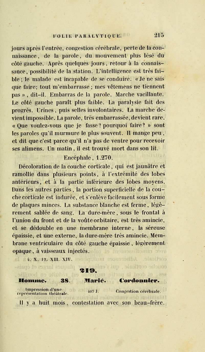 jours après l'entrée, congestion cérébrale, perte de la con- naissance , de la parole, du mouvement plus lésé du côté gauche. Après quelques jours , retour à la connais- sance, possibilité de la station. L'intelligence est très fai- ble ; le malade est incapable de se conduire. «Je ne sais que faire; tout m'embarrasse ; mes vêtemens ne tiennent pas » , dit-il. Embarras de la parole. Marche vacillante. Le côté gauche paraît plus faible. La paralysie fait des progrès. Urines, puis selles involontaires. La marche de- vient impossible. La parole, très embarrassée, devient rare. «Que voulez-vous que je fasse ? pourquoi faire? » sont les paroles qu'il murmure le plus souvent. Il mange peu, et dit que c'est parce qu'il n'a pas de ventre pour recevoir ses alimens. Un matin, il est trouvé mort dans son lit. Encéphale, 1.270. Décoloration de la couche corticale, qui est jaunâtre et ramollie dans plusieurs points, à l'extrémité des lobes antérieurs, et à la partie inférieure des lobes moyens. Dans les autres parties, la portion superficielle de la cou- che corticale est indurée, et s'enlève facilement sous forme de plaques minces. La substance blanche est ferme, légè- rement sablée de sang. La dure-mère, sous le frontal à l'union du front et de la voûte orbitaire, est très amincie, et se dédouble en une membrane interne, la séreuse épaissie, et une externe, la dure-mère très amincie. Mem- brane ventriculaire du côté gauche épaissie , légèrement opaque, à vaisseaux injectés. 4. X. (2. XIII. XIV. Hoinane. 3S. Marié* Cordouuler* Impression d'une ,„, , Congestion céréhralp représentation théâtrale. *' ■•• i^on^esuon ceieniaie. Il y a huit mois, contestation avec son beau-frère.