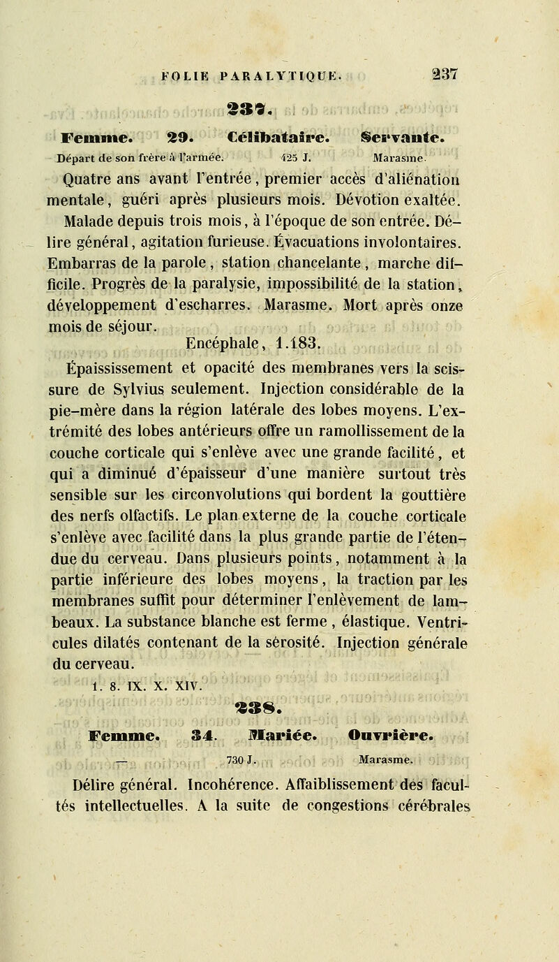 Femme. 99^ Célil>ataiB<e. Sei'vaute. Départ de son frère à l'armée. 425 J. Marasme. Quatre ans avant l'entrée, premier accès d'aliénation mentale, guéri après plusieurs mois. Dévotion exaltée. Malade depuis trois mois, à l'époque de son entrée. Dé- lire général, agitation furieuse. Évacuations involontaires. Embarras de la parole , station chancelante , marche dif- ficile. Progrès de la paralysie, impossibilité de la station, développement d'escharres. Marasme. Mort après onze mois de séjour. Encéphale, 1.183. Épaississement et opacité des membranes vers la scis- sure de Sylvius seulement. Injection considérable de la pie-mère dans la région latérale des lobes moyens. L'ex- trémité des lobes antérieurs offre un ramollissement de la couche corticale qui s'enlève avec une grande facilité, et qui a diminué d'épaisseur d'une manière surtout très sensible sur les circonvolutions qui bordent la gouttière des nerfs olfactifs. Le plan externe de la couche corticale s'enlève avec facilité dans la plus grande partie de l'éten- due du cerveau. Dans plusieurs points, notamment à la partie inférieure des lobes moyens, la traction par les membranes suffit pour déterminer l'enlèvement de lam- beaux. La substance blanche est ferme , élastique. Ventri- cules dilatés contenant de la sérosité. Injection générale du cerveau. 1. 8. IX. X. xiv. Femme. 34. Mariée. OuTi*ière. ^ 730 J. Marasme. Délire général. Incohérence. Affaiblissement des facul- tés intellectuelles. A la suite de congestions cérébrales