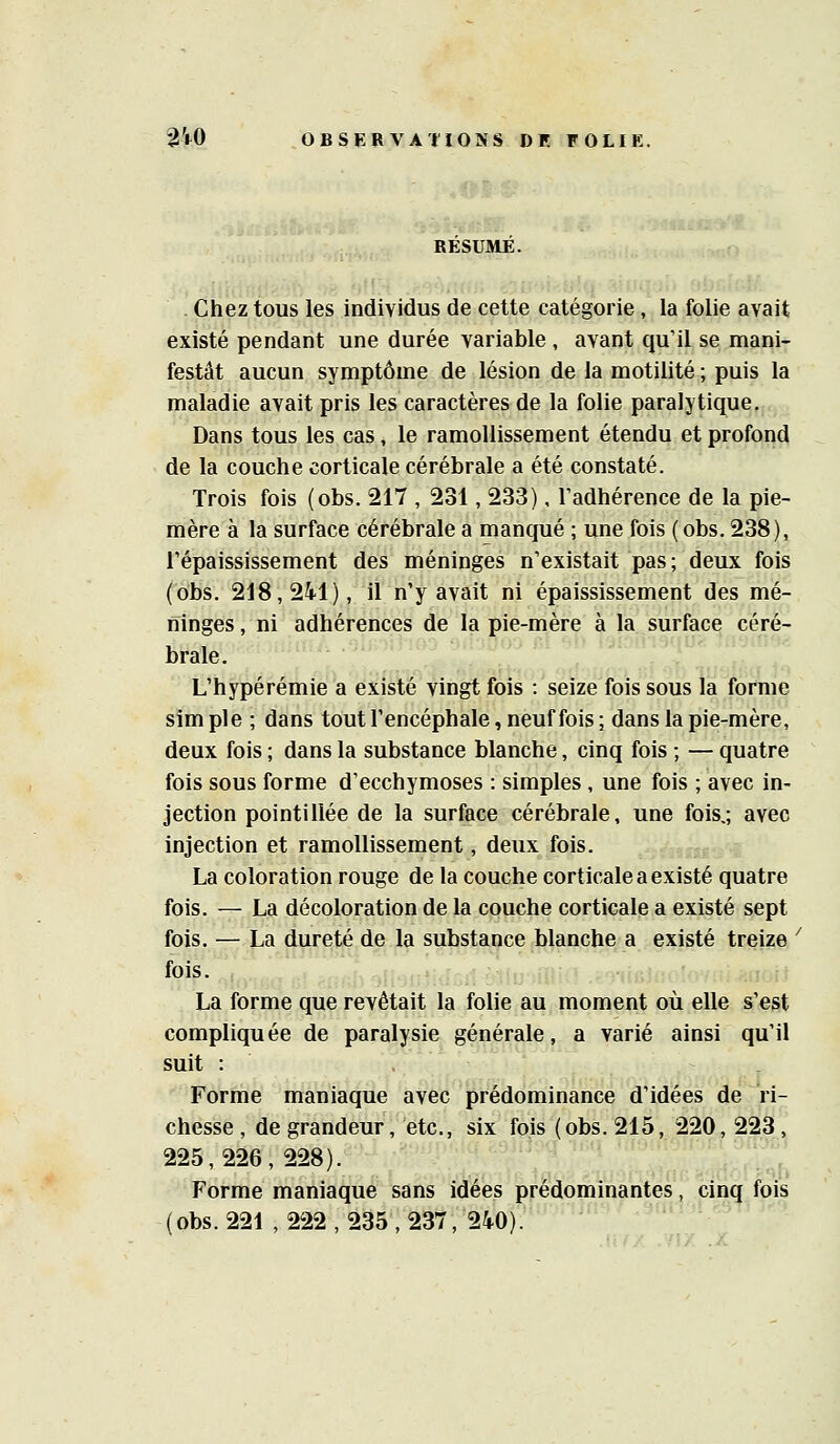 RESUME. . Chez tous les individus de cette catégorie, la folie avait existé pendant une durée variable , avant qu'il se mani- festât aucun symptôme de lésion de la motilité ; puis la maladie avait pris les caractères de la folie paralytique. Dans tous les cas, le ramollissement étendu et profond de la couche corticale cérébrale a été constaté. Trois fois (obs. 217 , 231, 233), l'adhérence de la pie- mère à la surface cérébrale a manqué ; une fois (obs. 238), répaississement des méninges n'existait pas; deux fois (obs. 218,241), il n'y avait ni épaississement des mé- ninges , ni adhérences de la pie-mère à la surface céré- brale. L'hypérémie a existé vingt fois : seize fois sous la forme sim pie ; dans tout l'encéphale, neuf fois ; dans la pie-mère, deux fois ; dans la substance blanche, cinq fois ; — quatre fois sous forme d'ecchymoses : simples, une fois ; avec in- jection pointillée de la surface cérébrale, une fois,; avec injection et ramollissement, deux fois. La coloration rouge de la couche corticale a existé quatre fois. — La décoloration de la couche corticale a existé sept fois. — La dureté de la substance blanche a existé treize ' fois. ^rlÎKfiUïi .i :r La forme que revêtait la folie au moment où elle s'est compliquée de paralysie générale, a varié ainsi qu'il suit : Forme maniaque avec prédominance d'idées de ri- chesse, de grandeur, etc., six fois (obs. 215, 220, 223, 225,226, 228). ■''■- ' ' ,- /' Forme maniaque sans idées prédominantes, cinq fois